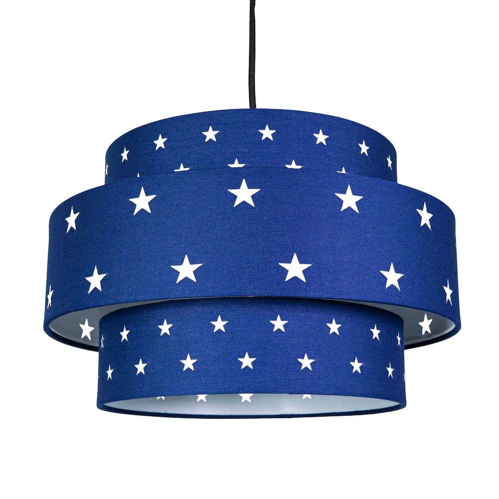 Rackhams Blue Triple Tier Midnight Cotton Fabric Childrens Pendant Shade With Stars Decor