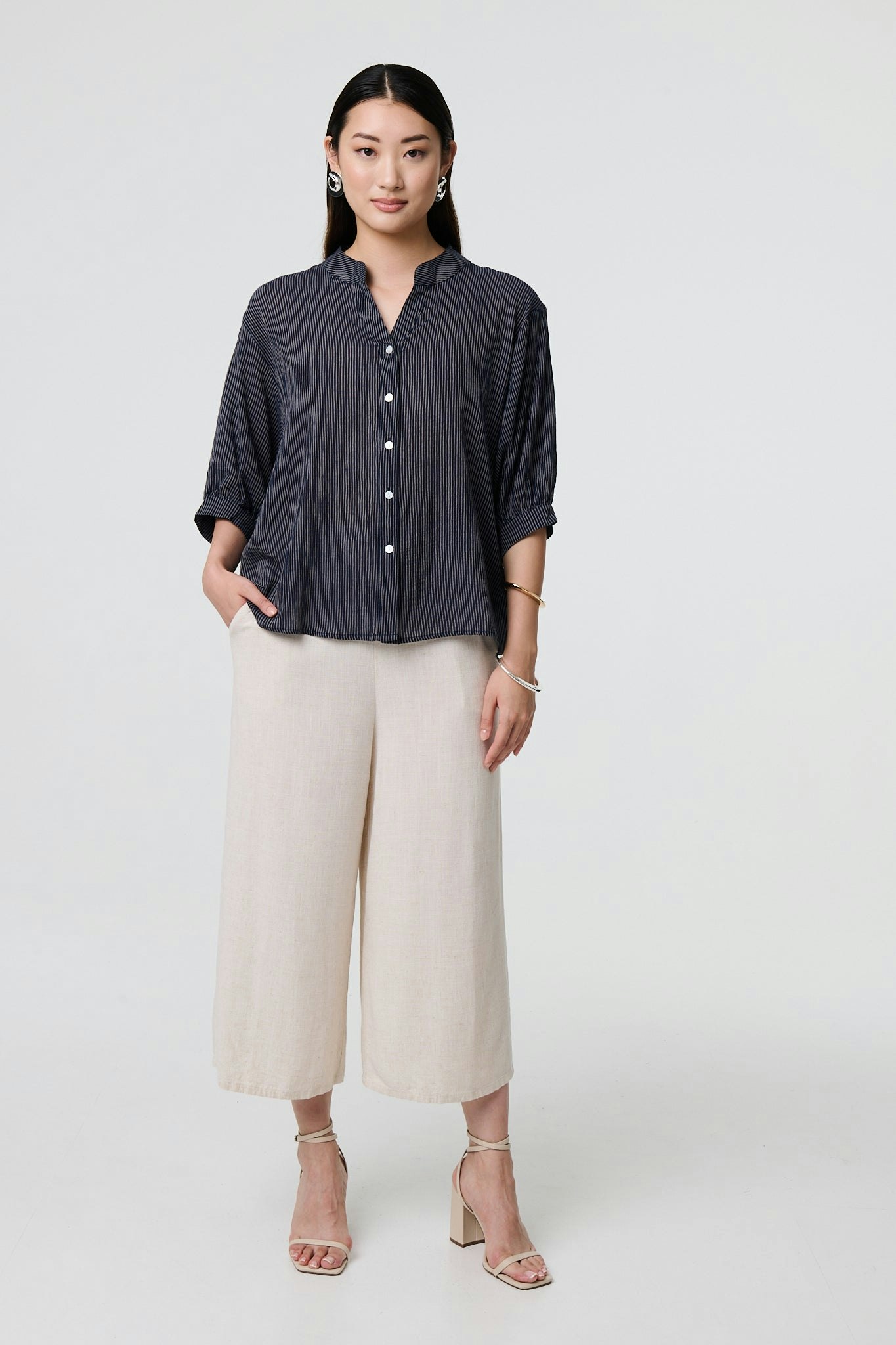 Izabel London Pinstripe Relaxed Button Back Blouse - Navy - 18