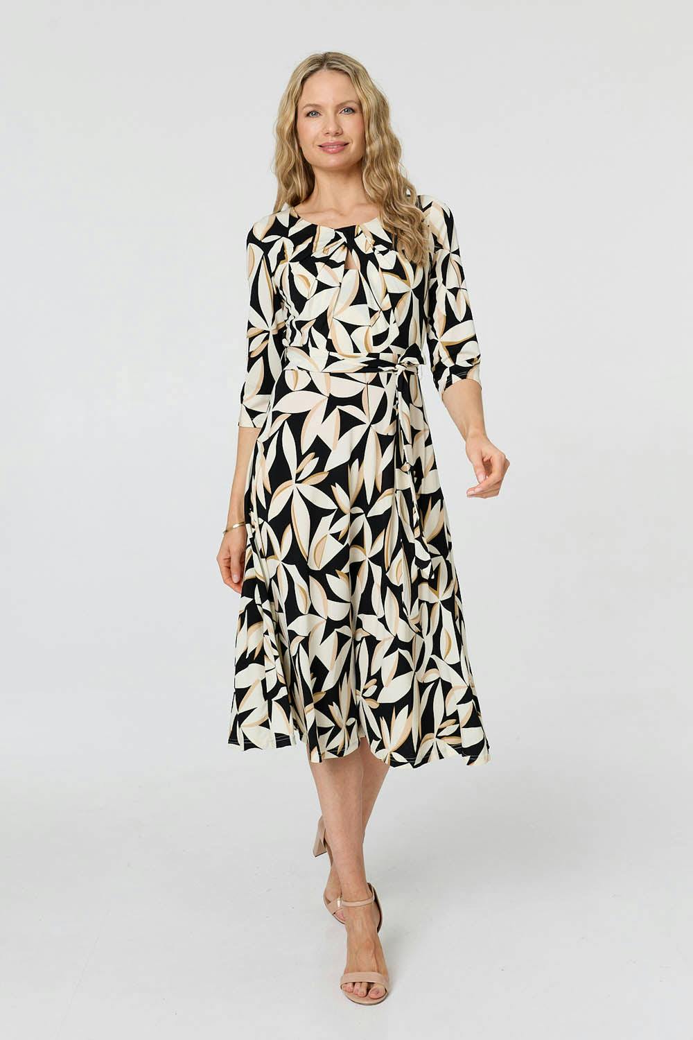 Izabel London Black Leaf Print 3/4 Sleeve Midi Tie Dress - 16