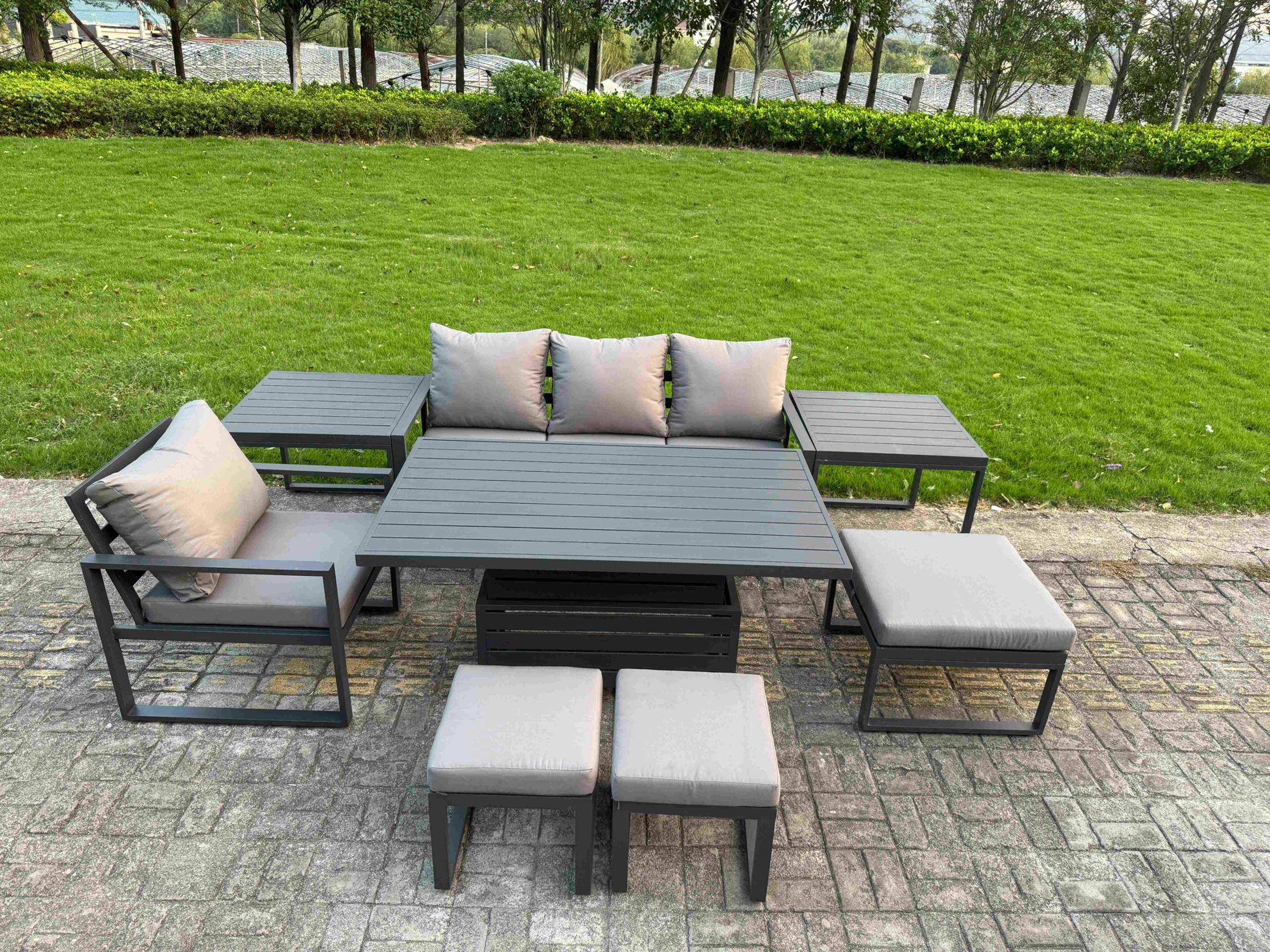 Fimous Dark/Grey 7 Seater Aluminium Outdoor Dining Set With Adjustable Rising Dining Table, Chairs, 3 Footstools, 2 Side Tables