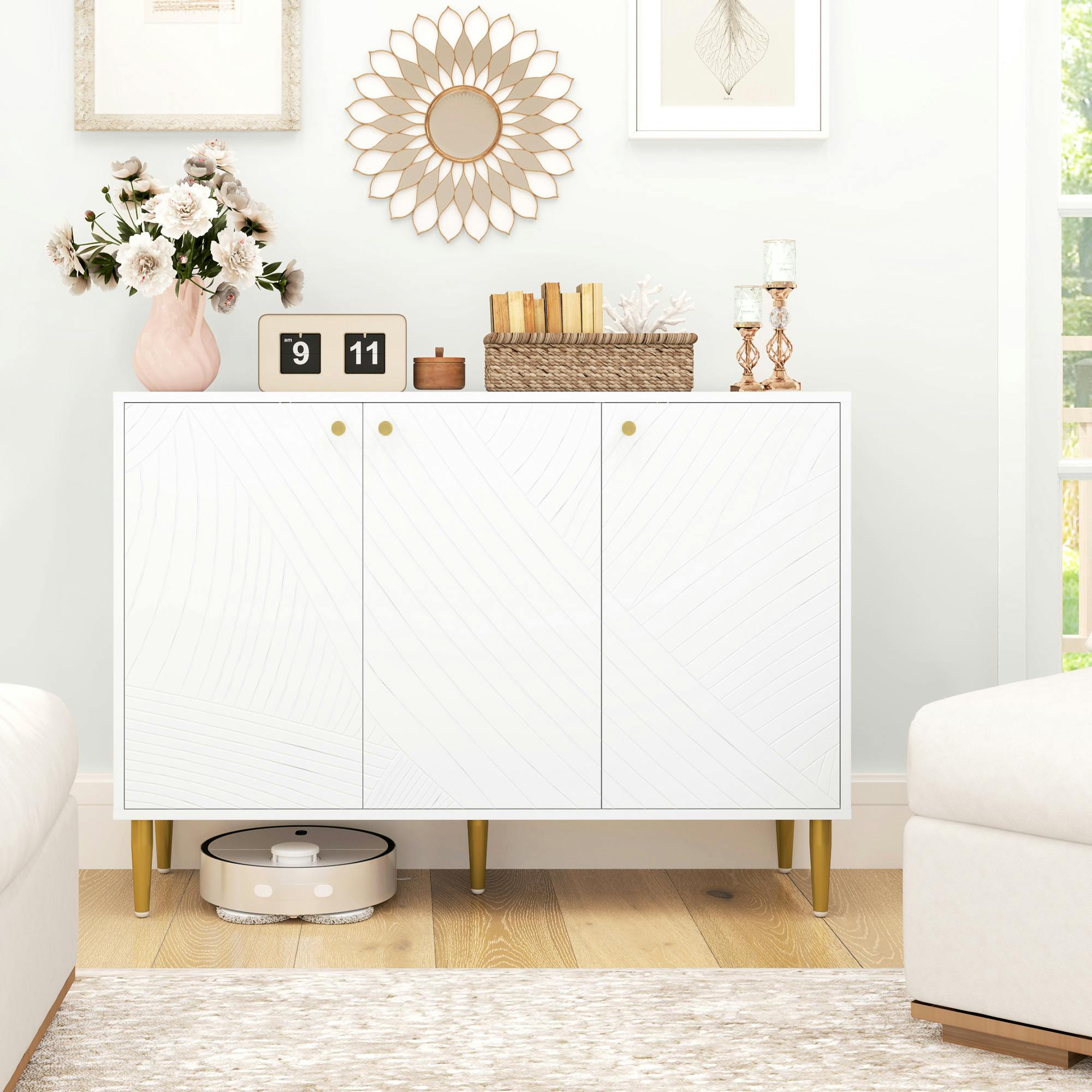 Homcom White Sideboard Storage Cabinet With 3 Carved Line Doors And 5 Legs