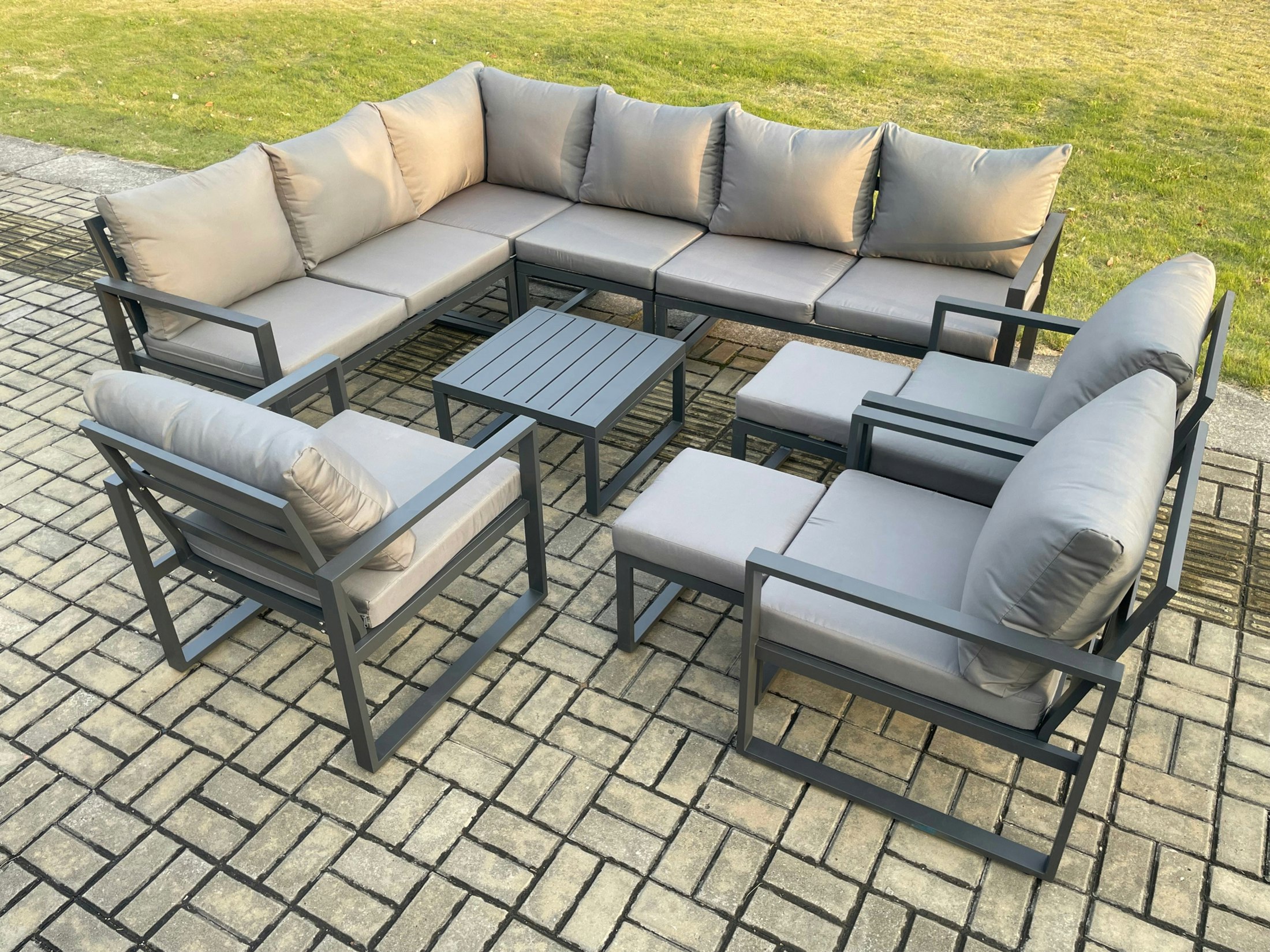 Rackhams Dark/Grey 11 Seater Aluminium Garden Furniture Set Outdoor Lounge Corner Sofa 3 Pcs Chair Square Coffee Table Sets With 2 Small Footstools