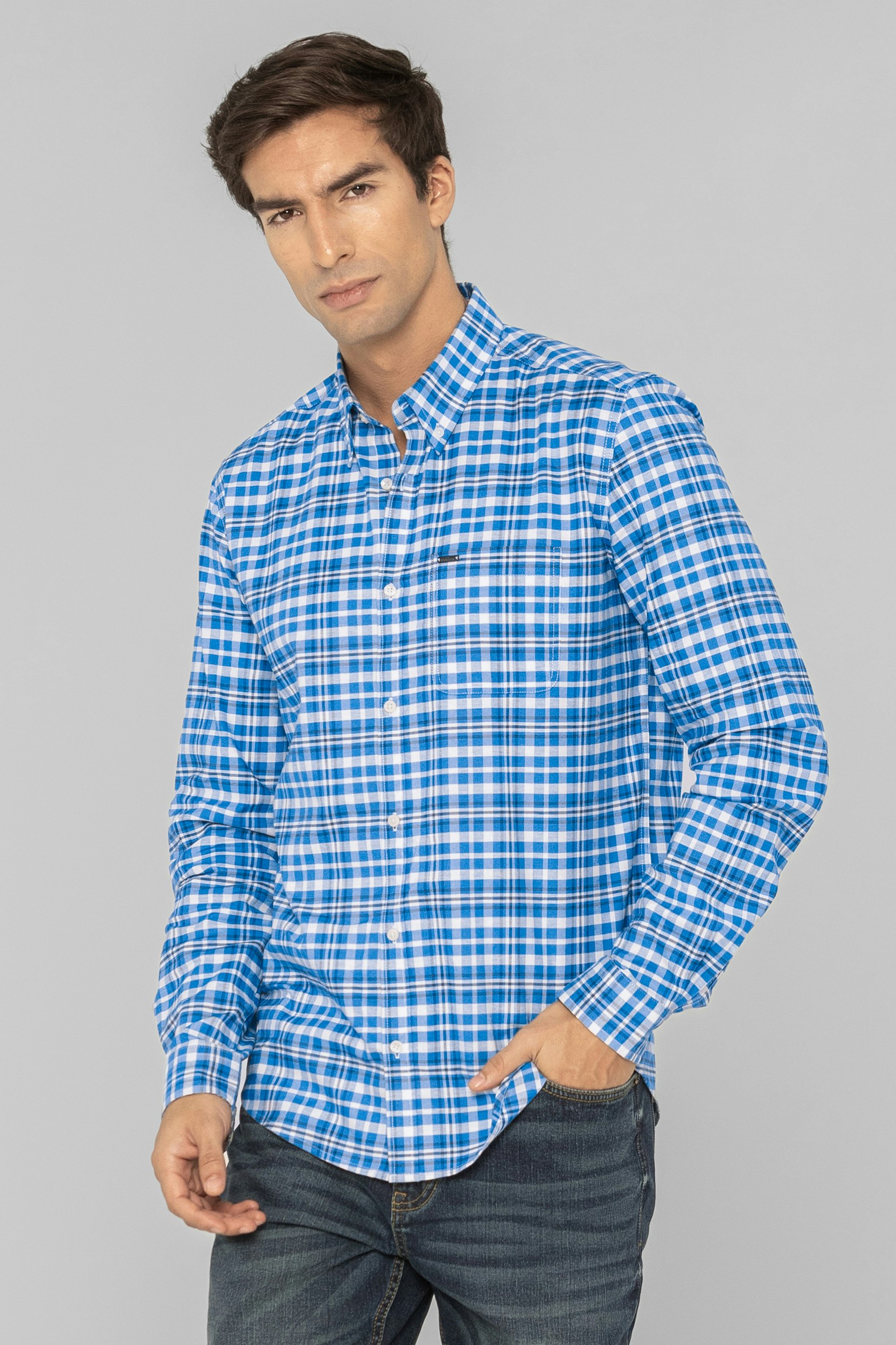 Enorsia Men's Blue Button Down Collar Long Sleeve Shirt - L - 98% Bci Cotton 2% Spandex