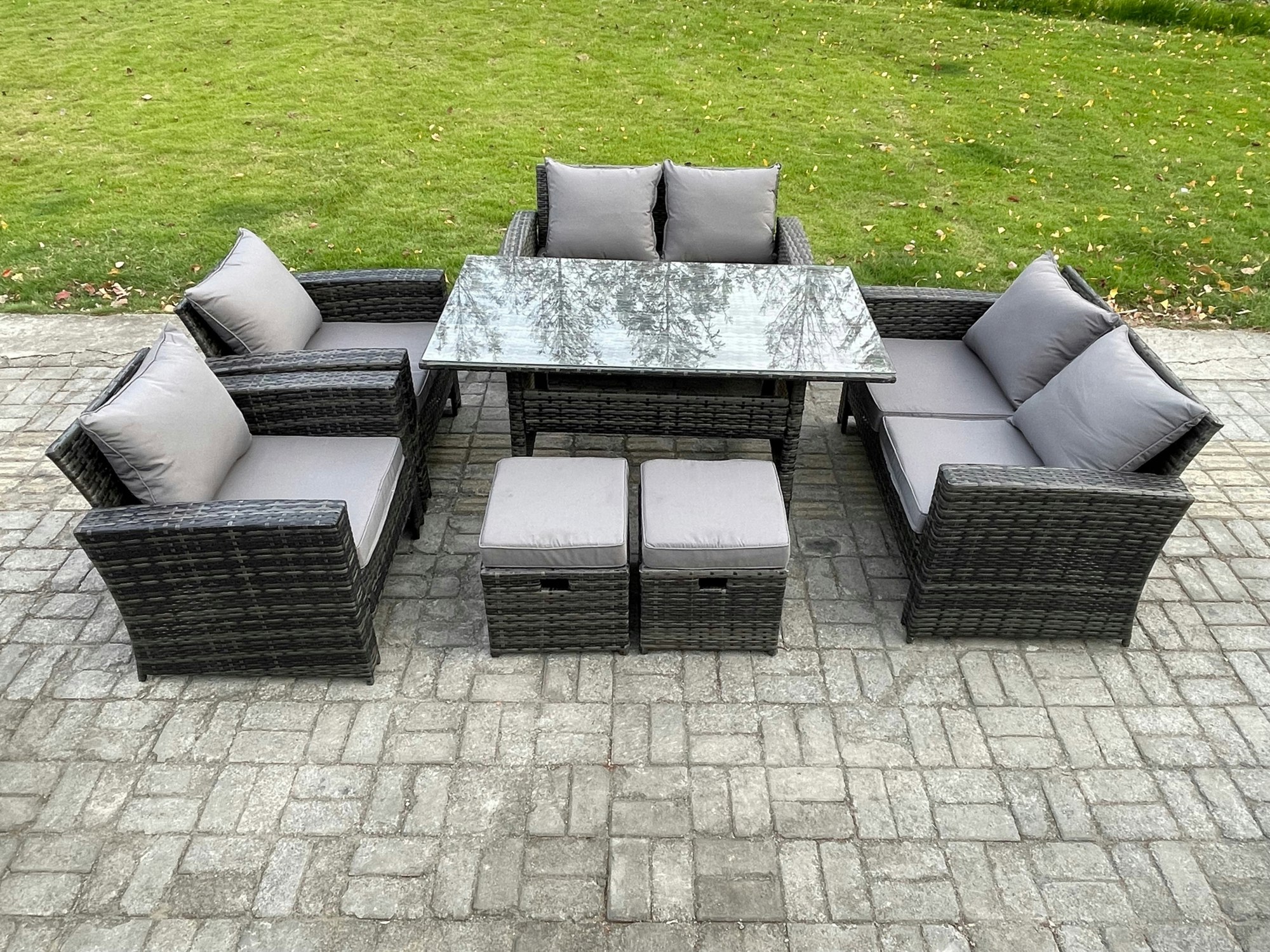 Rackhams Dark/Grey Rattan Garden Furniture Set Patio Outdoor Lounge Sofa Set With Oblong Dining Table Double Seat Sofa 2 Small Footstools Mixed