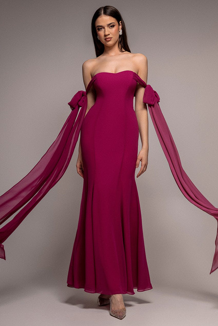 Goddiva Magenta Multiway Cape Chiffon Sweetheart Maxi Dress - By - 10