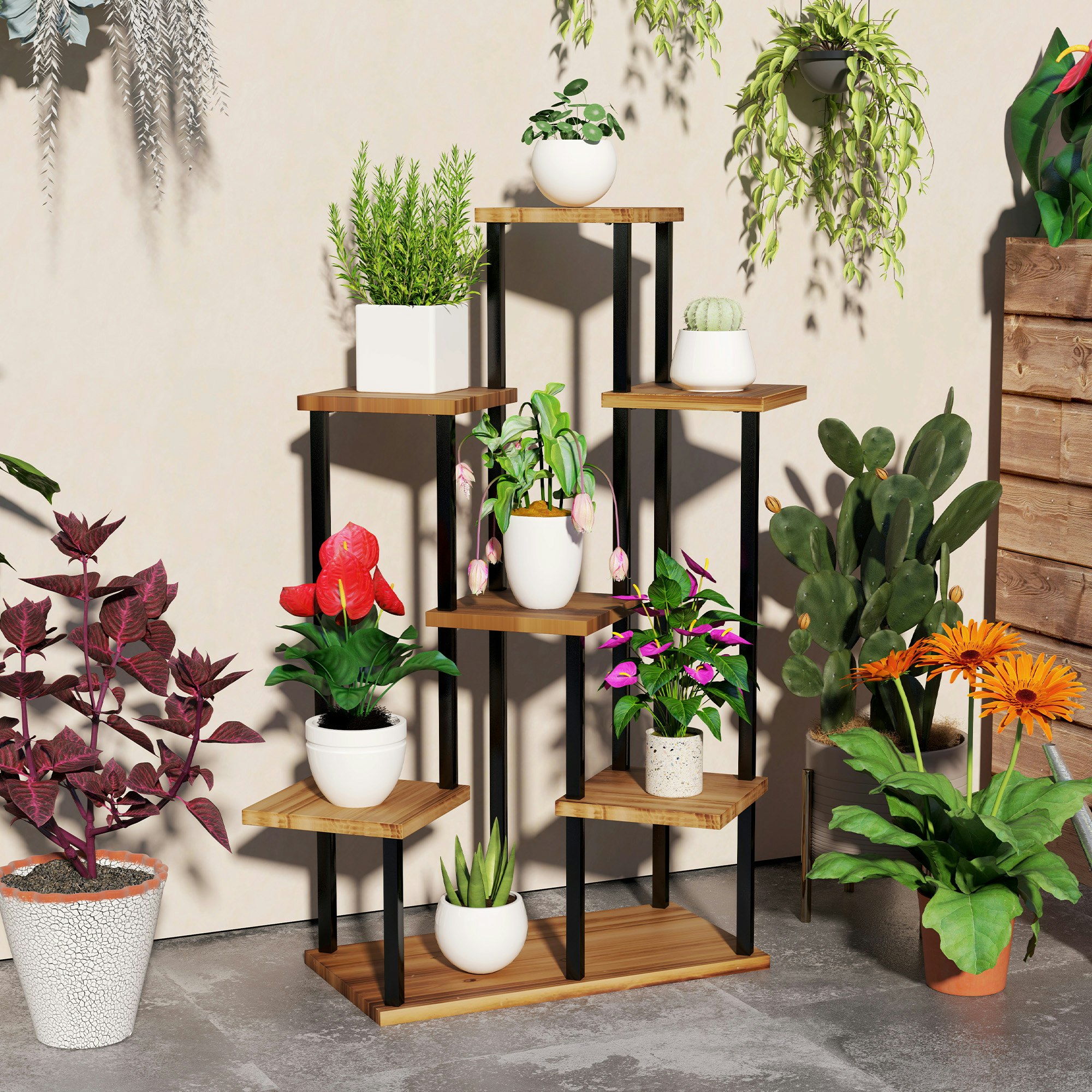 Rackhams 7 Tier Plant Stand, Tall Steel Wood Plant Shelf, Carbonised Finish