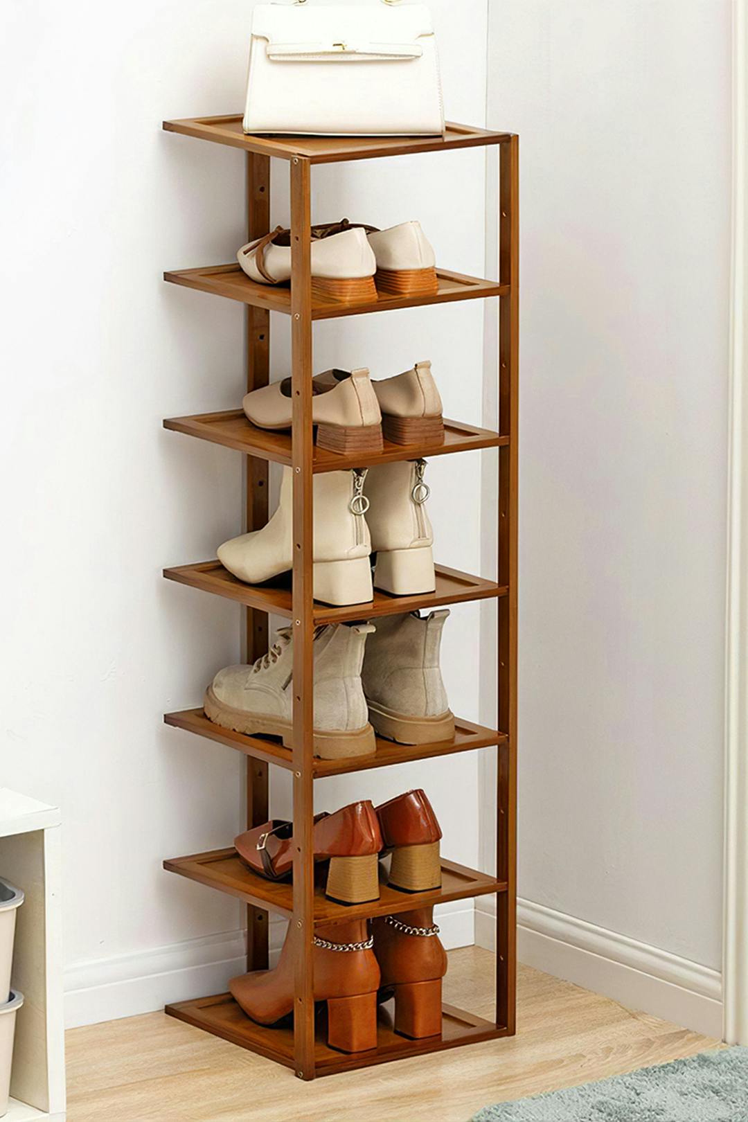 Rackhams Brown 7 Tiers Bamboo Shoe Rack Entryway Hallway Shoe Storage Shelf - One Size