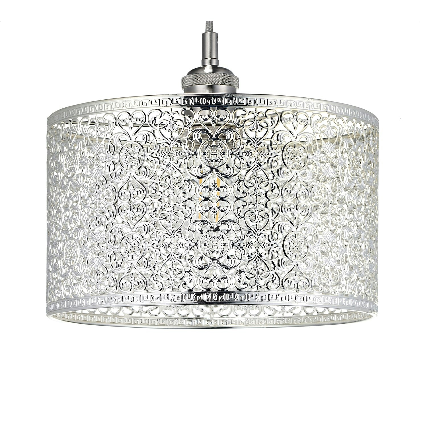 Rackhams Silver Ornate Moroccan Style Decorated Shiny Metal Pendant Shade 25Cm X 15Cm
