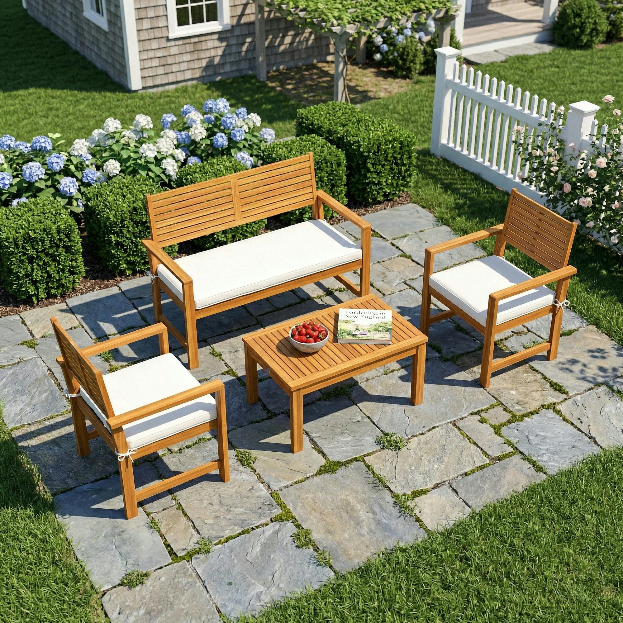 Outsunny Cream/White 4 Seater Wooden Garden Furniture Set With Loveseat, Chairs, Table