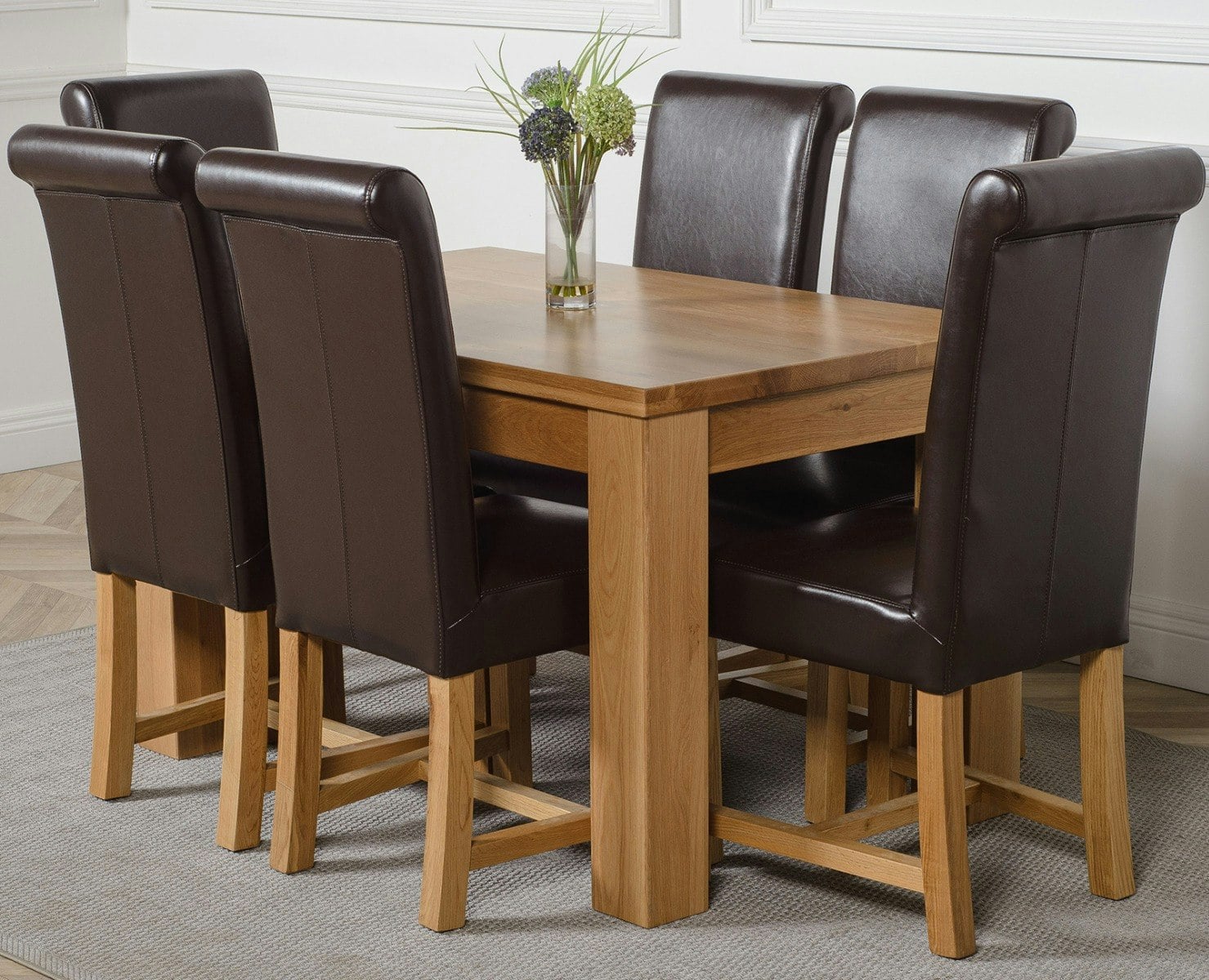 That's Furniture Brown Dakota Small Oak Dining Table With Washington Leather Chairs - 6 Chairs