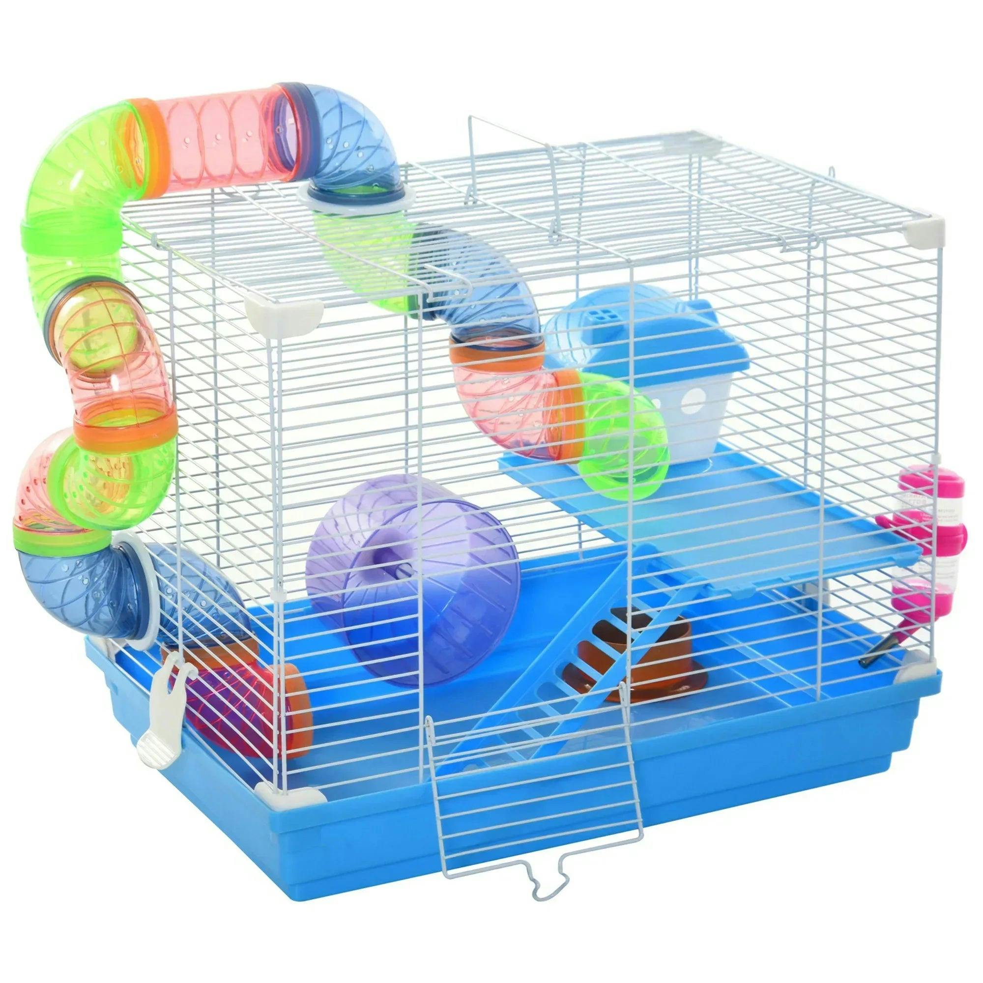 Bobobiy Blue 2 Tier Hamster Cage, Gerbil Cage With Handle, Exercise Wheels, Tunnel, Tube, Water Bottle, Dishes, Ladder, For Dwarf,