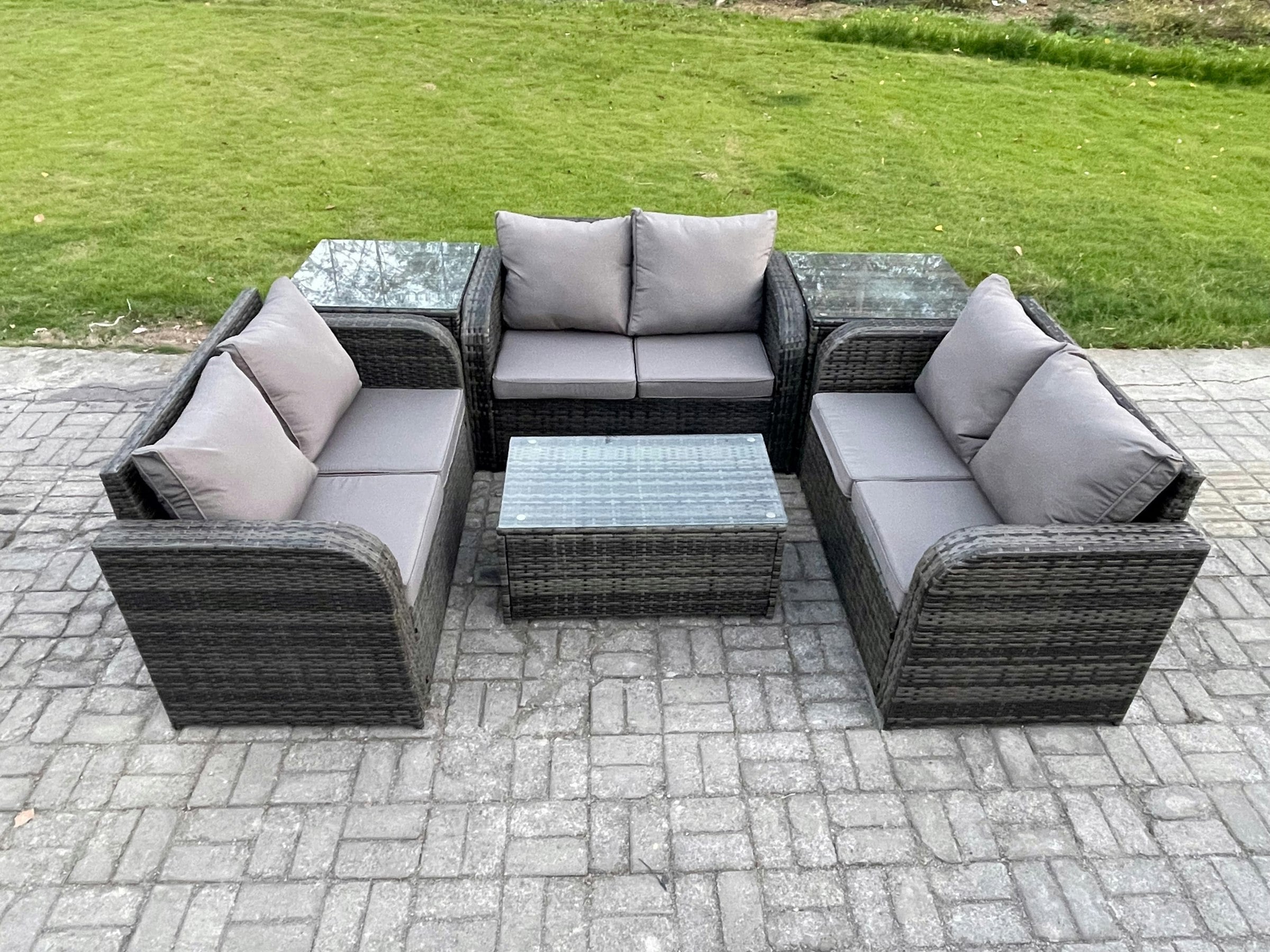 Fimous Dark/Grey Outdoor Garden Furniture Sets 6 Seater Wicker Rattan Furniture Sofa Sets With Rectangular Coffee Table Love Sofa 2 Side Tables Mixed