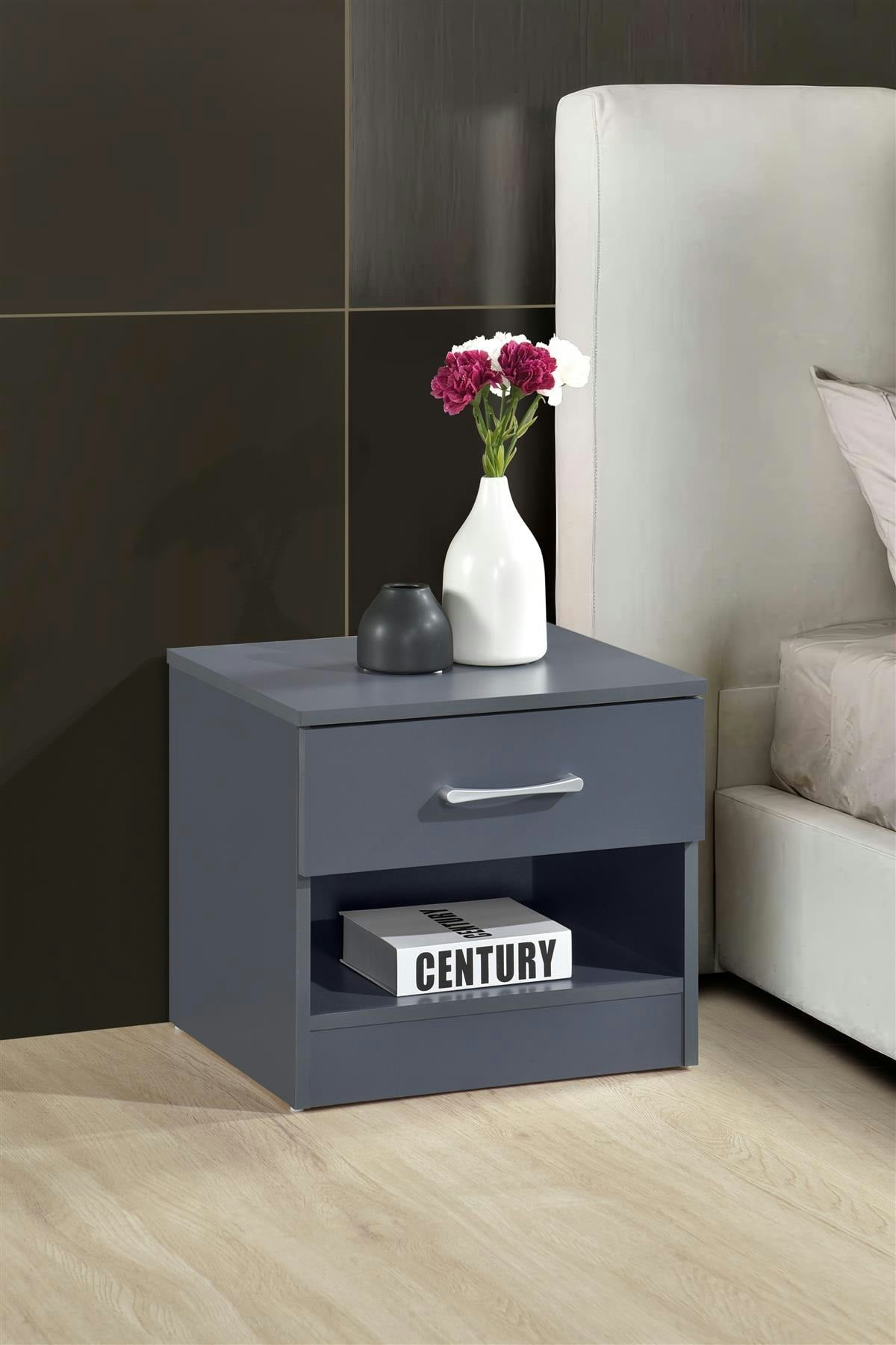 B&Q - Highbury Dark Grey 1 Drawer Open Shelf Bedside Table Nightstand - Image 2