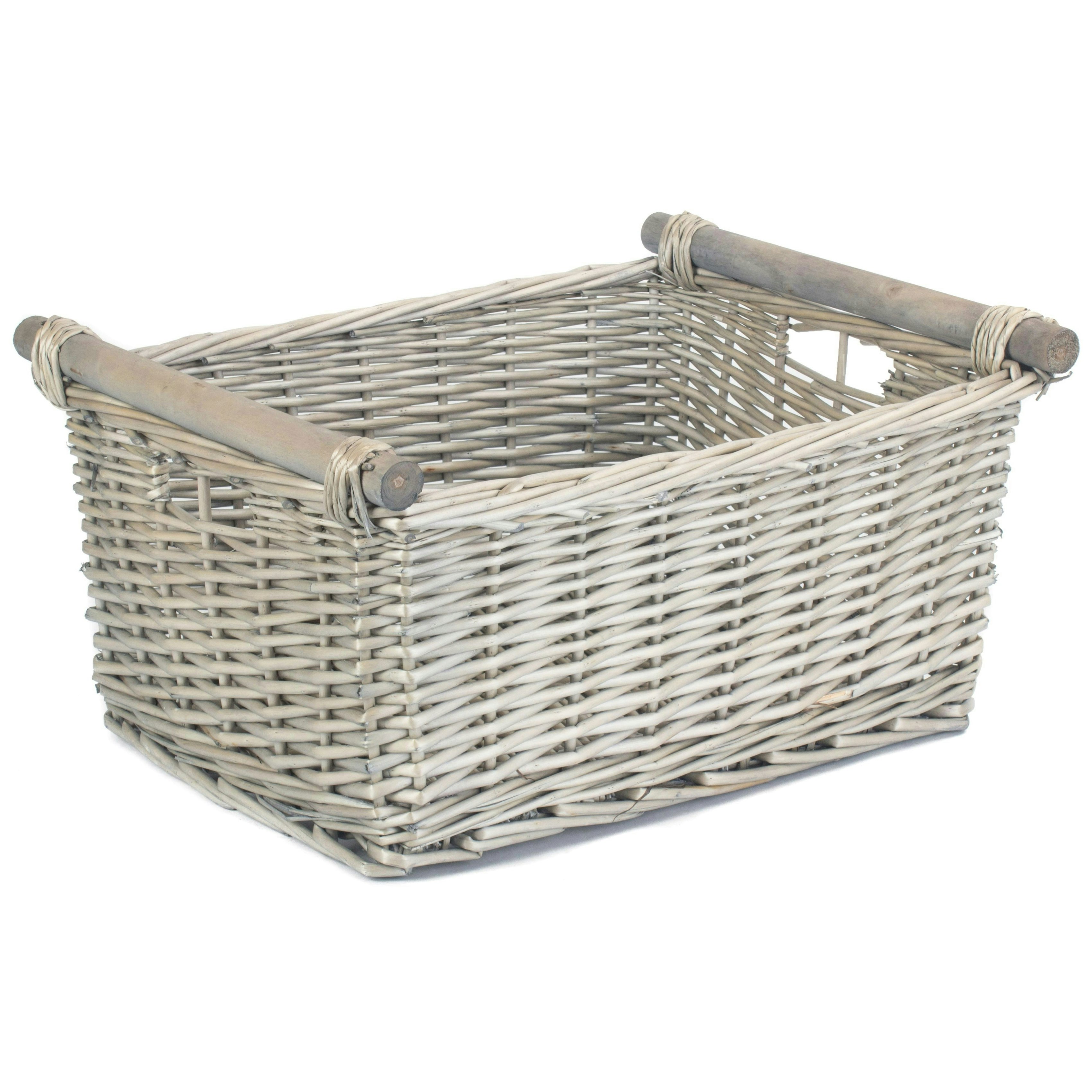 Rackhams Grey Wash Wooden Handled Wicker Storage Basket - Wicker - Large