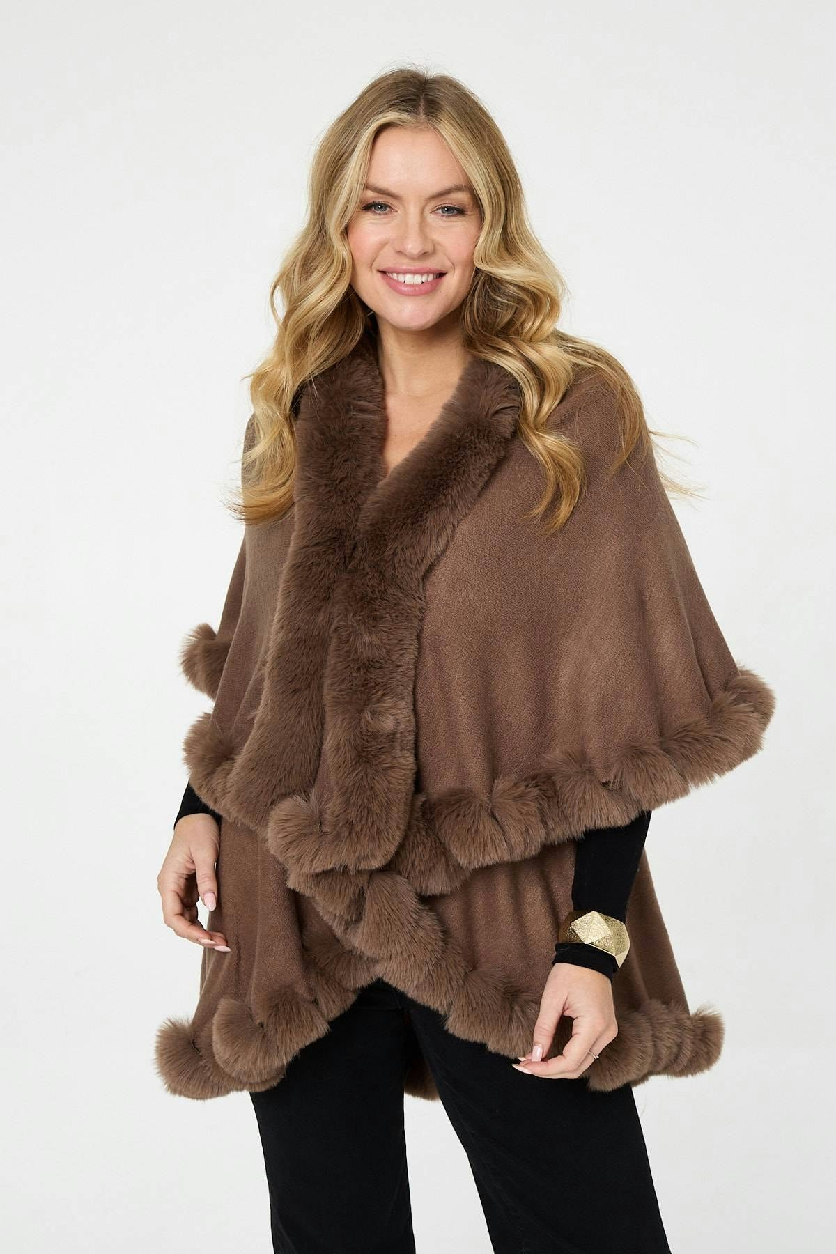 Izabel London Beige Faux Fur Trim Layered Poncho - One
