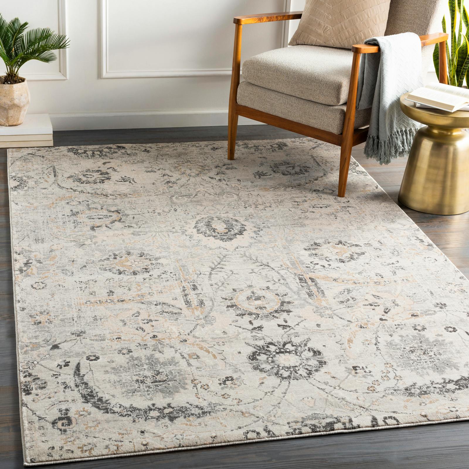 Rackhams Indigo/White/Beige -Vintage Off- Grey Traditional Floral Boho Rug - 130 X 170 Cm