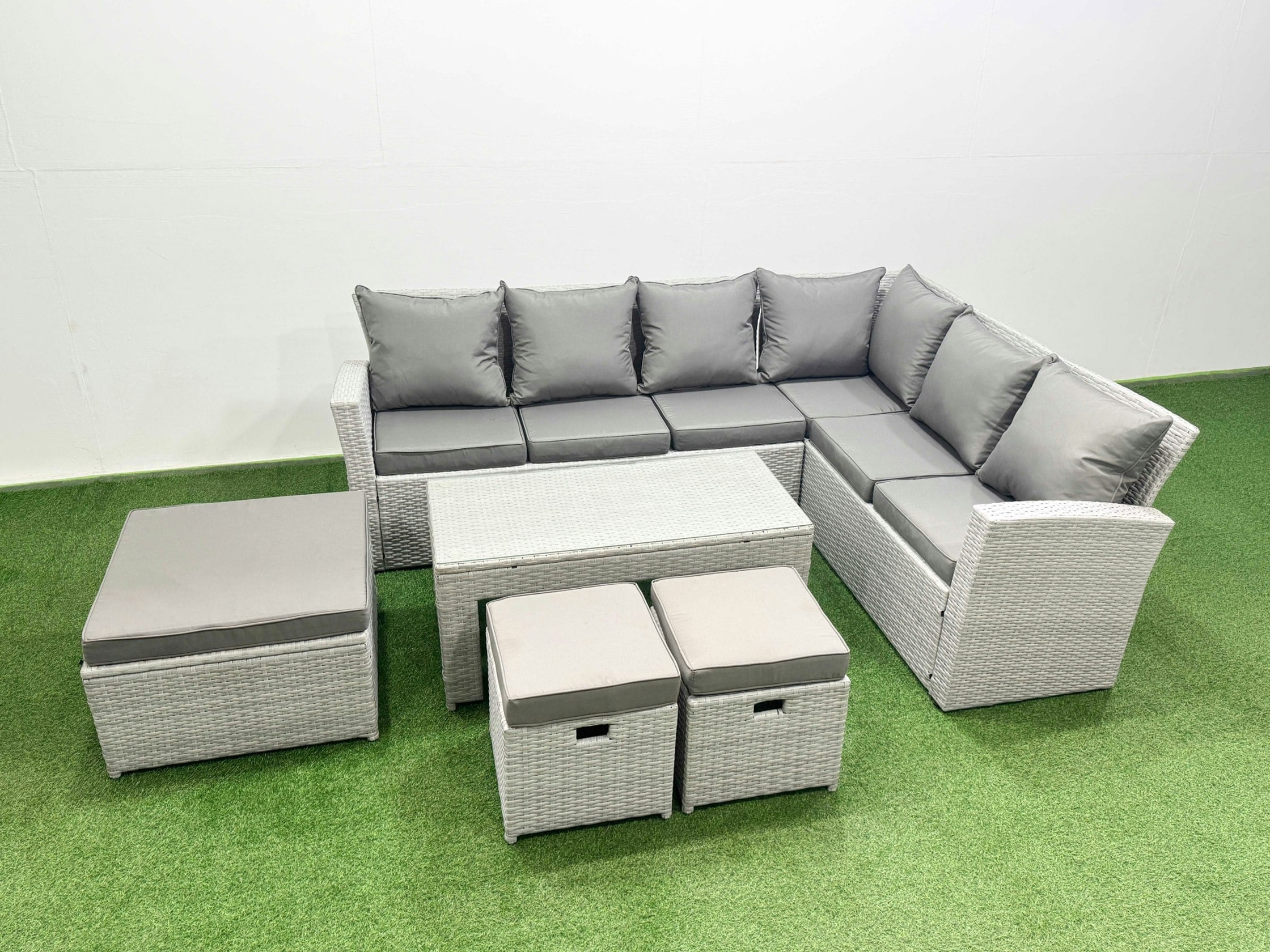 Rackhams Light/Grey 9 Seater Garden Outdoor Rattan Furniture Set Rattan Corner Sofa Oblong Coffee Table Set With 3 Footstools Mixed