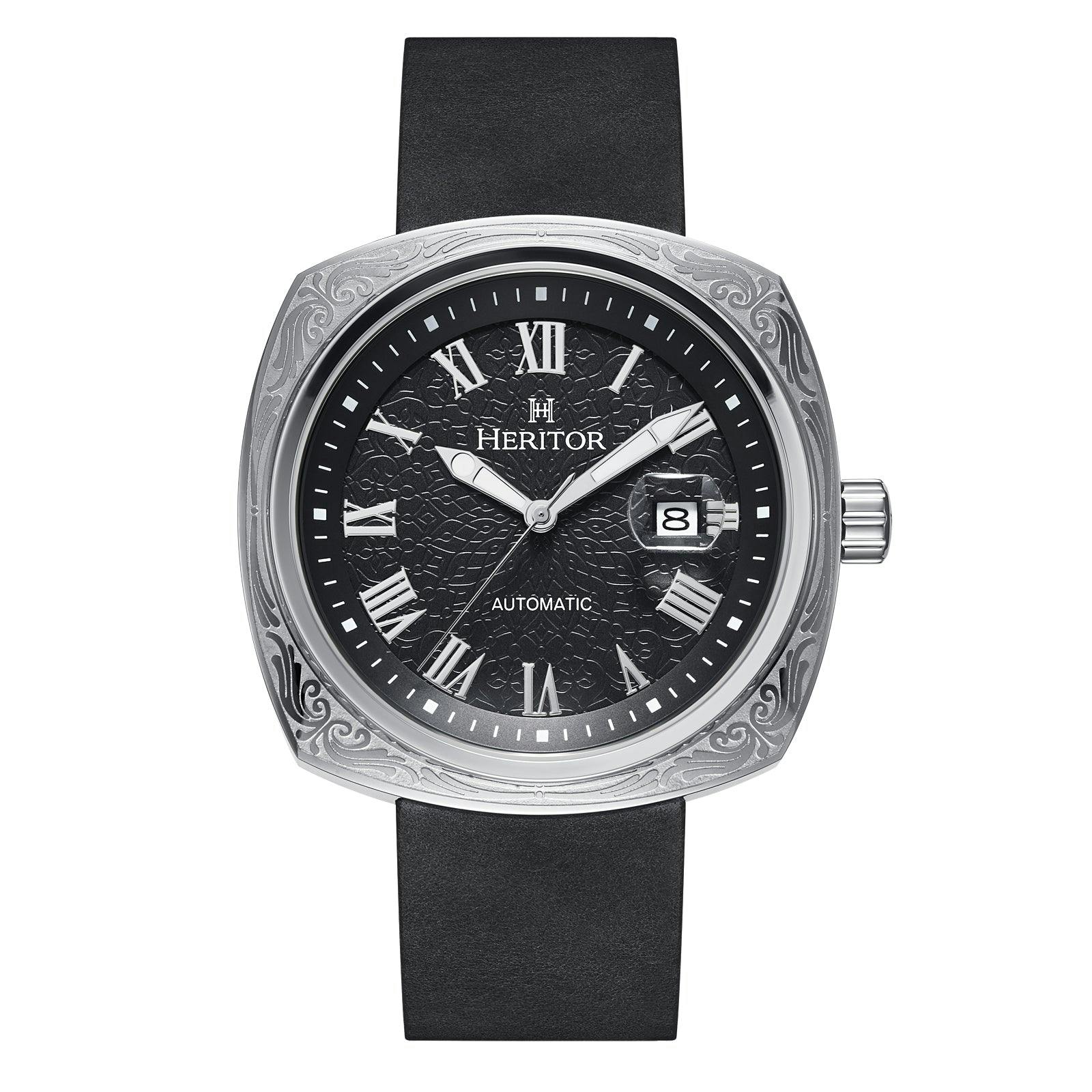 Heritor Automatic Silver/Black Davenport Engraved-Case Leather-Band Watch W/ Date