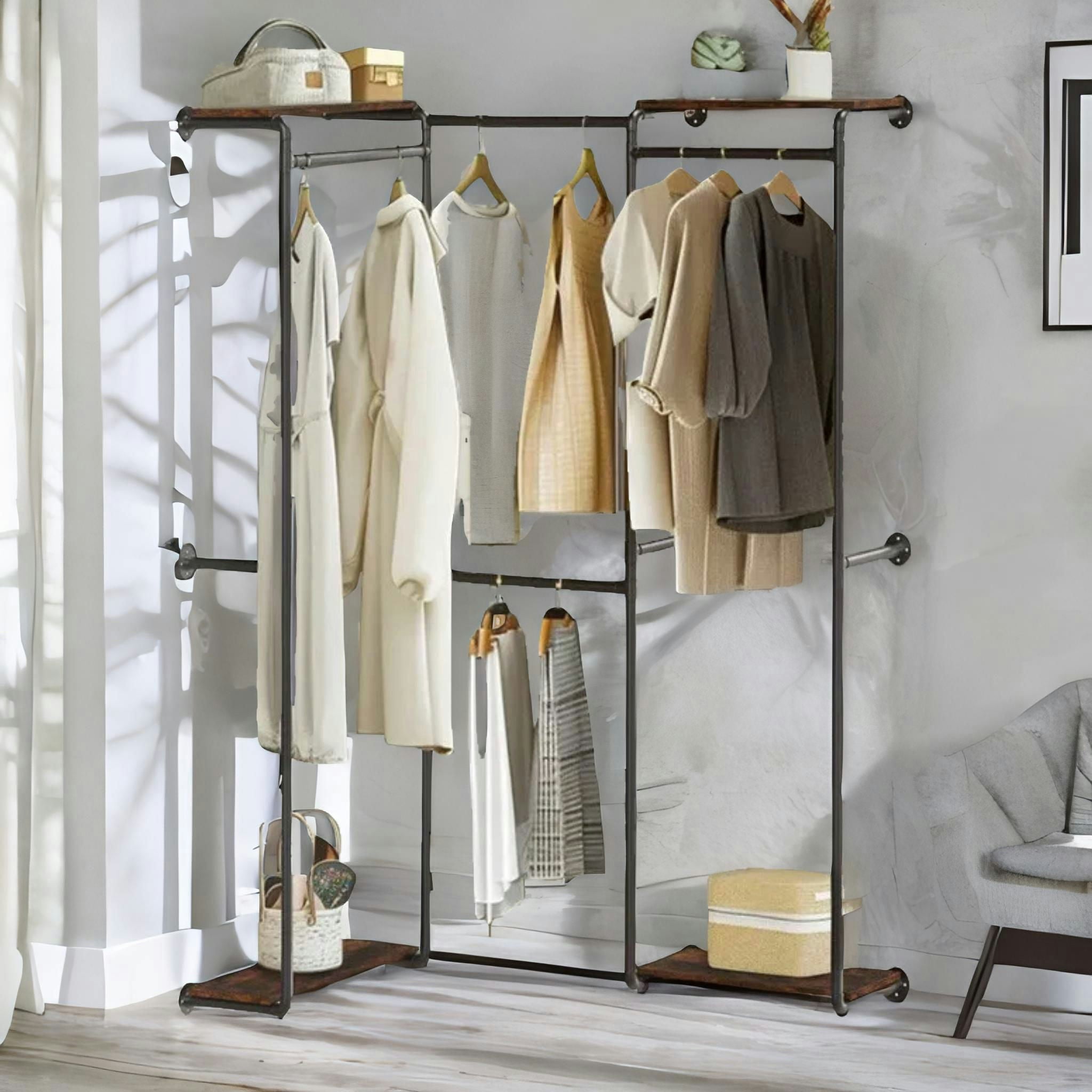 Rafaelo Mobilia Black Heavy Duty Wall-Mounted Metal Clothes Rail Open Wardrobe