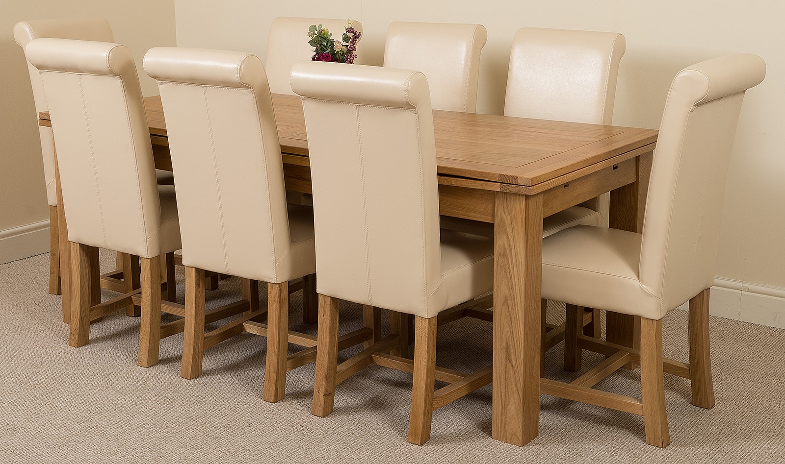 Rackhams Ivory Richmond Oak Extending Dining Table With Washington Leather Chairs - 8 Chairs Large