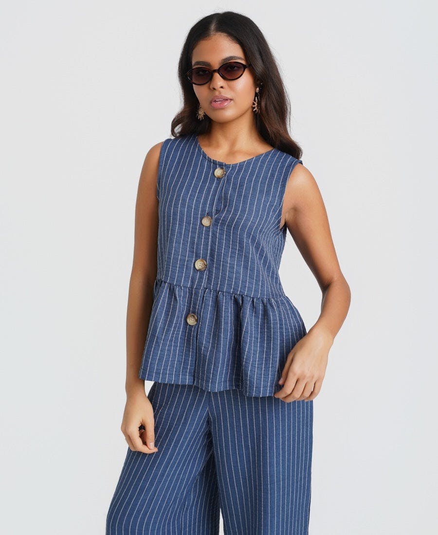 Needs No Label Blue Stripe Peplum Top - M