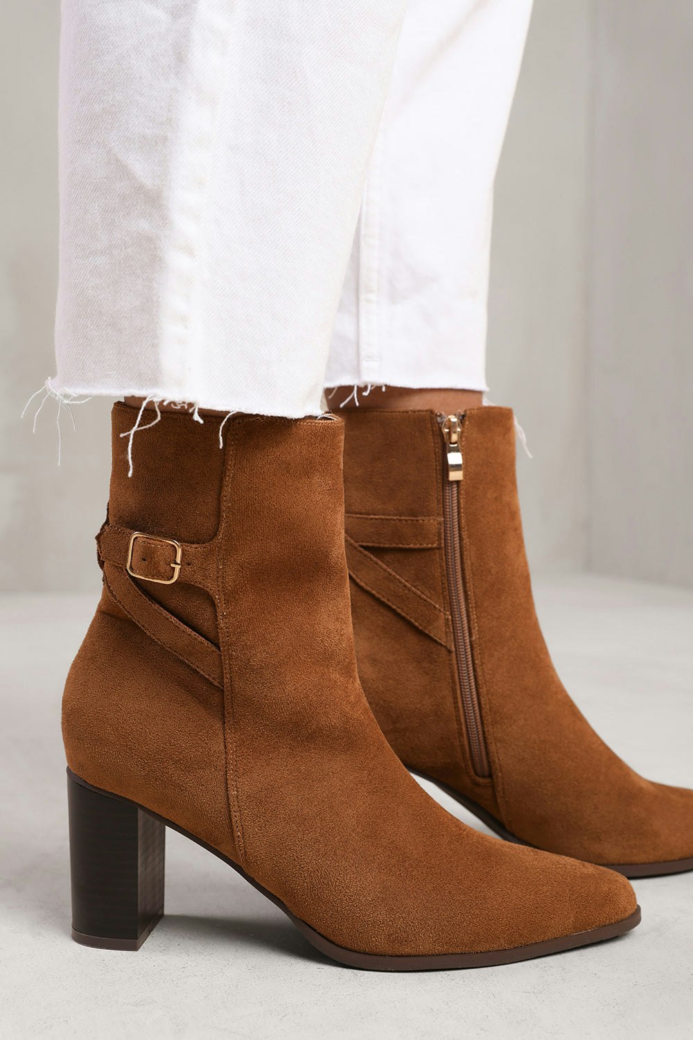 Where's That From Winter Block Heel Boot With Buckle Detail In Cognac Suede - Cognac - Size 3