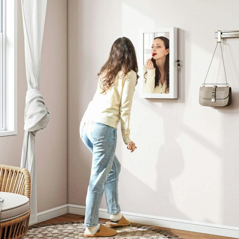 HOMCOM Wall-Mounted Jewelry Cabinet with Mirror, Over Door or Wall, White | Lock, Multiple Compartments, for Earrings Necklaces Rings Bracelets, Cream Velvet Lining - Image 5