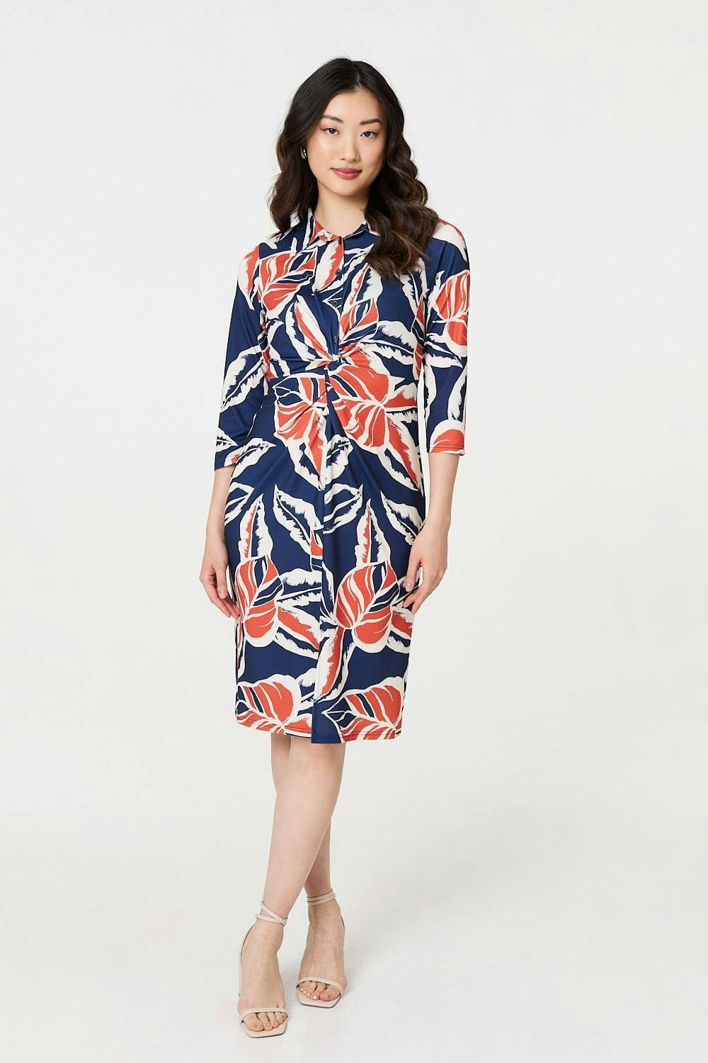 Izabel London Floral Ruched 3/4 Sleeve Midi Dress - Navy - 10