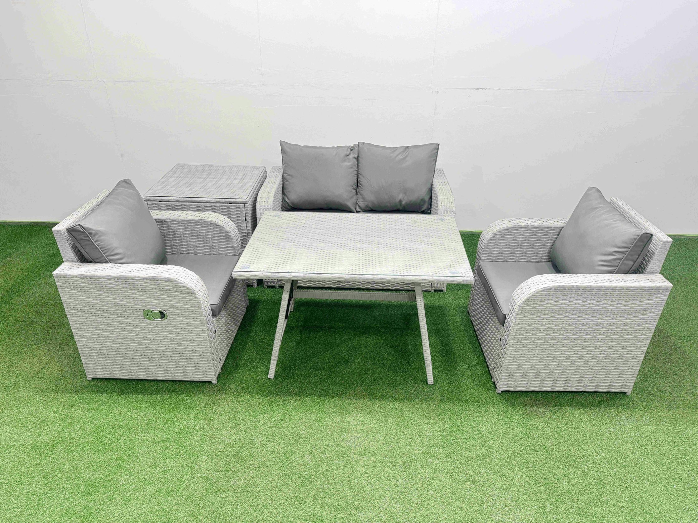 Fimous Light/Grey Pe Wicker Rattan Garden Furniture Set Sofa Set Reclining Chair Love Sofa Rectangular Dining Table Side Table