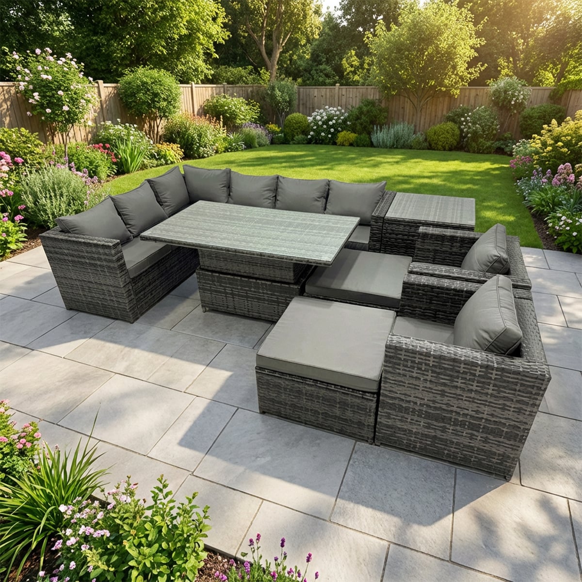 Rackhams Dark/Grey 10 Seater Rattan Garden Furniture Set With Height Adjustable Rising Table, Corner Sofa, 2 Stools, Side Table - Mixed