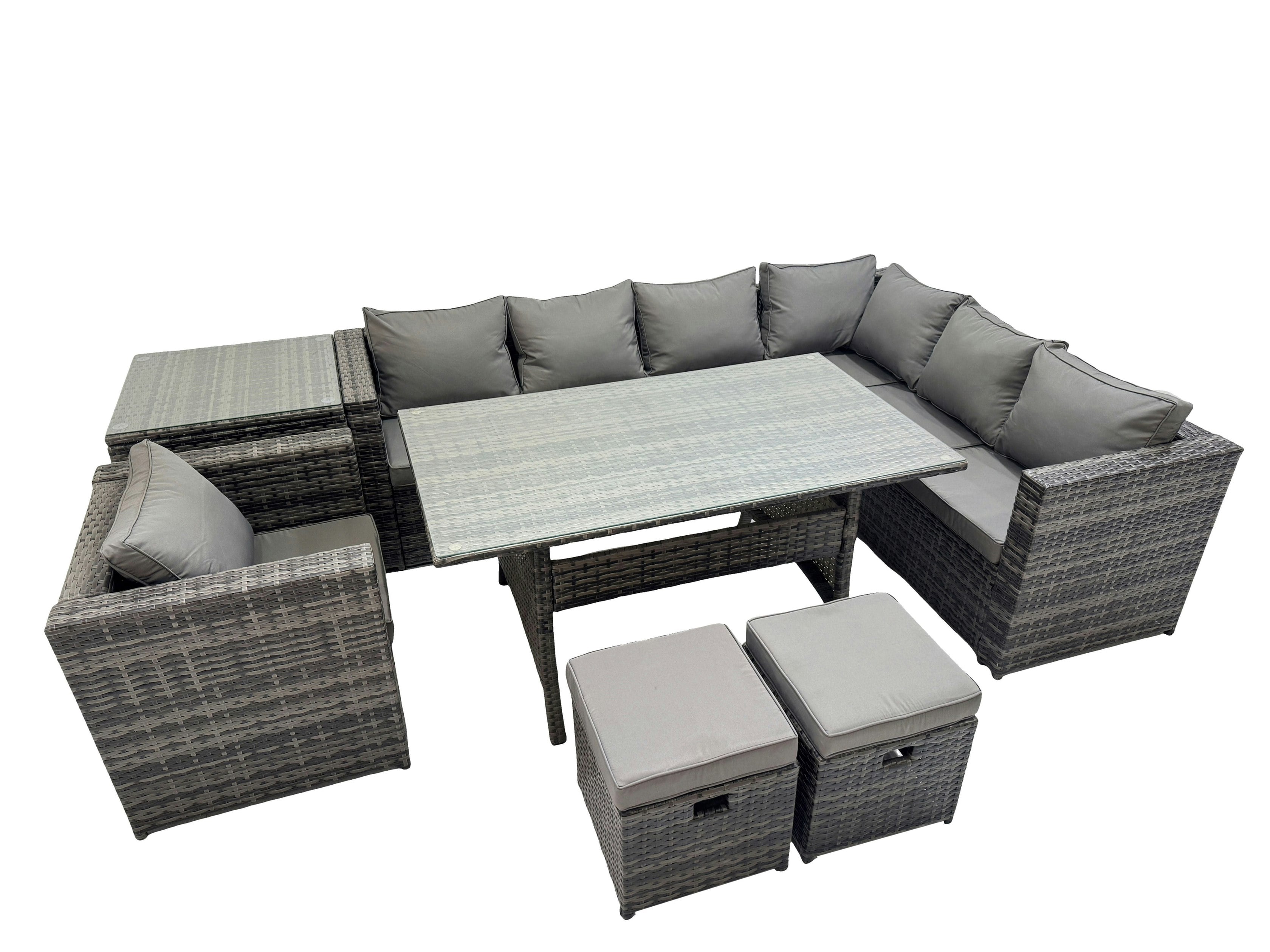 Fimous Dark/Grey Rattan Garden Furniture Set Outdoor 9 Seater Patio Dining Corner Sofa Sets With Dining Table Chair 2 Small Stools Mixed