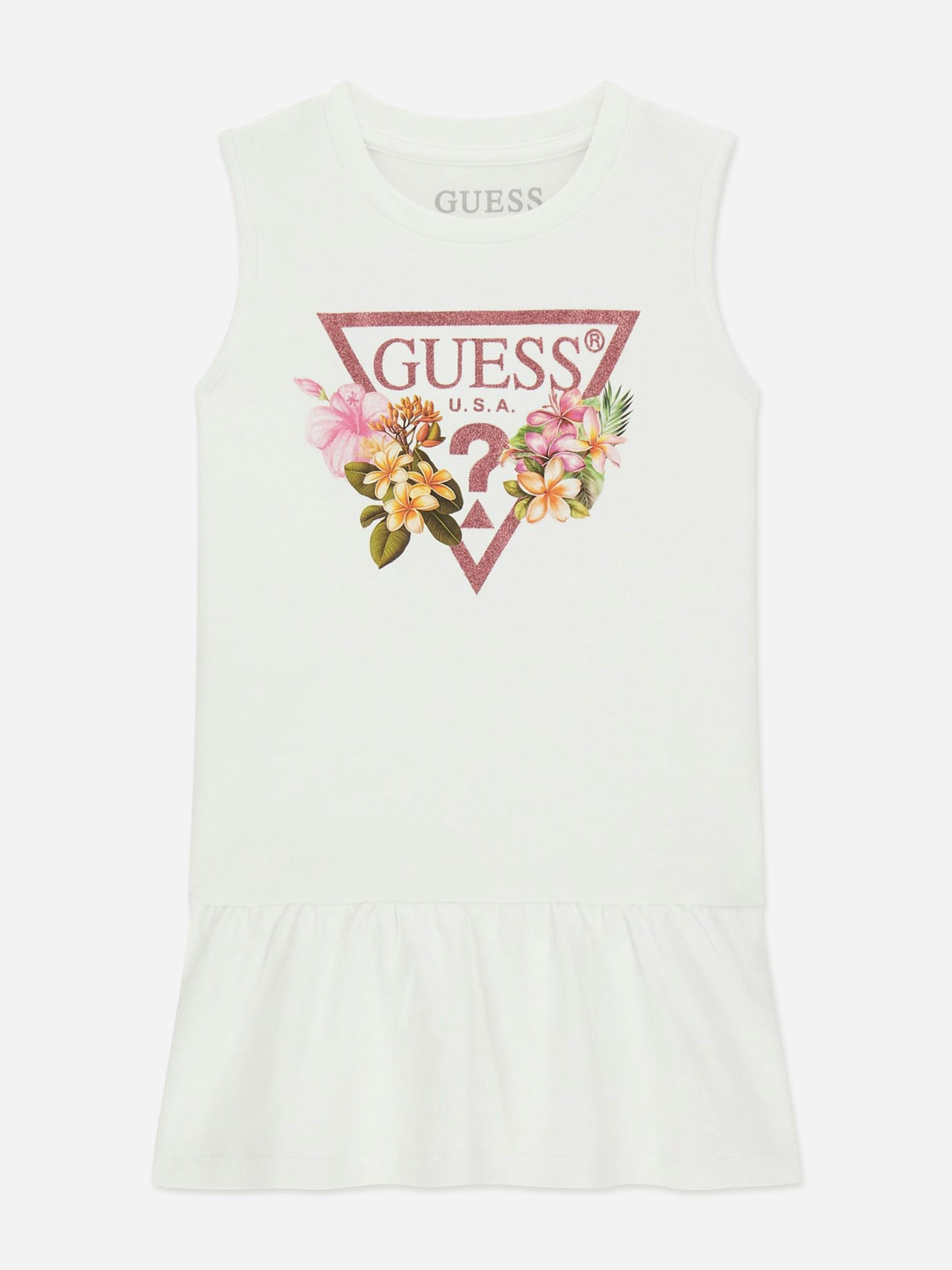 Guess Girls White Sleeveless Logo Dress In - 5 Yrs