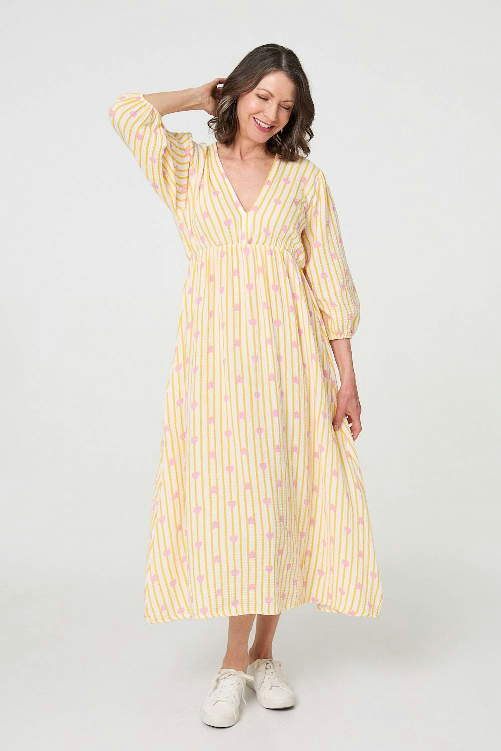Izabel London Yellow Striped Empire 3/4 Sleeve Maxi Dress - M