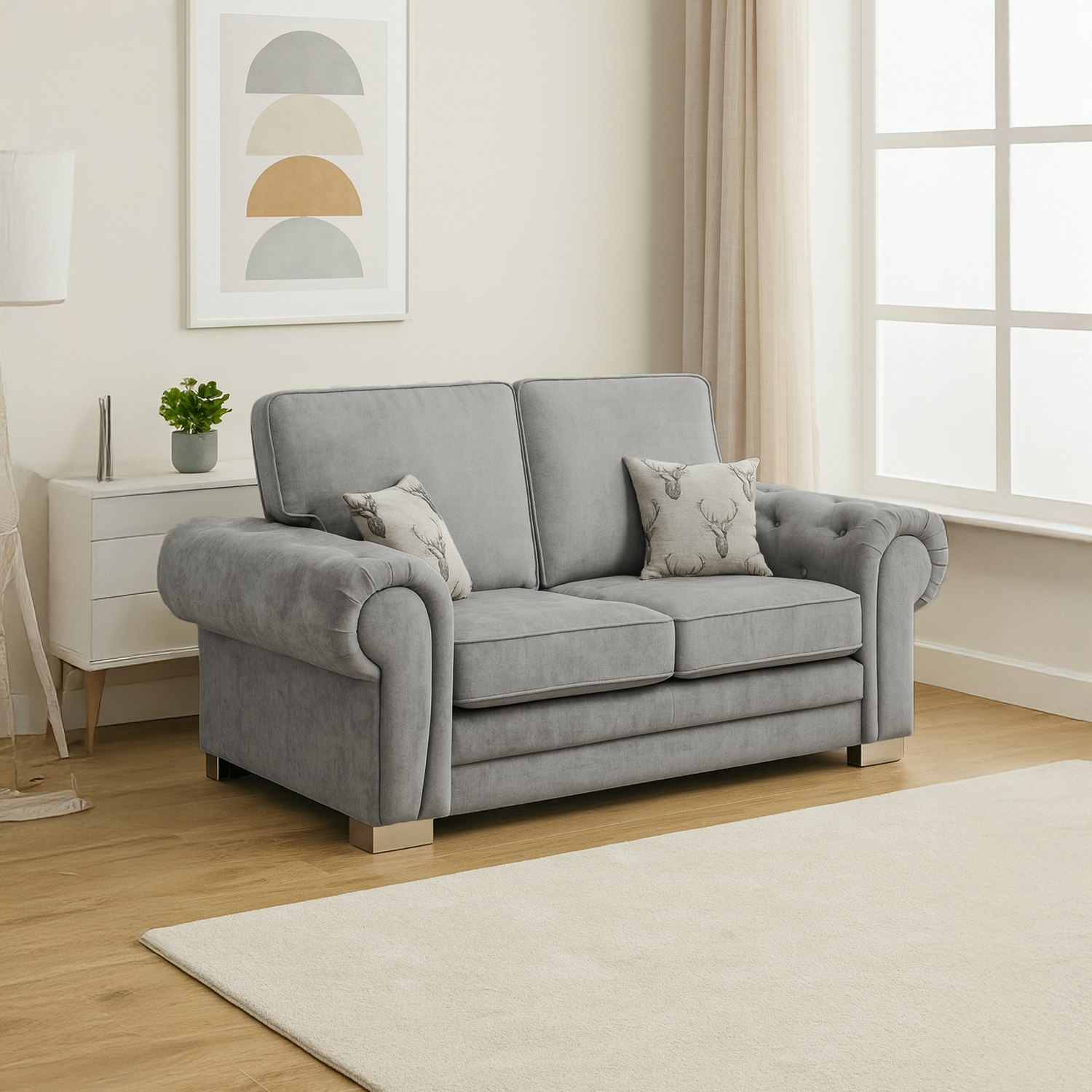 Furnishings For Less Grey Milan Chesterfield Fabric 2 Seater Sofa - Full Back