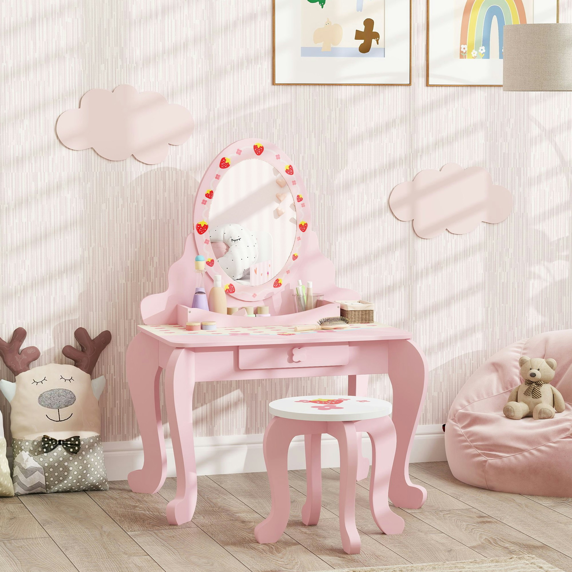 Aiyaplay Pink Kids Dressing Table Set, 2 Pcs Children Vanity Table With Stool - 65W X 45D X 89H Cm