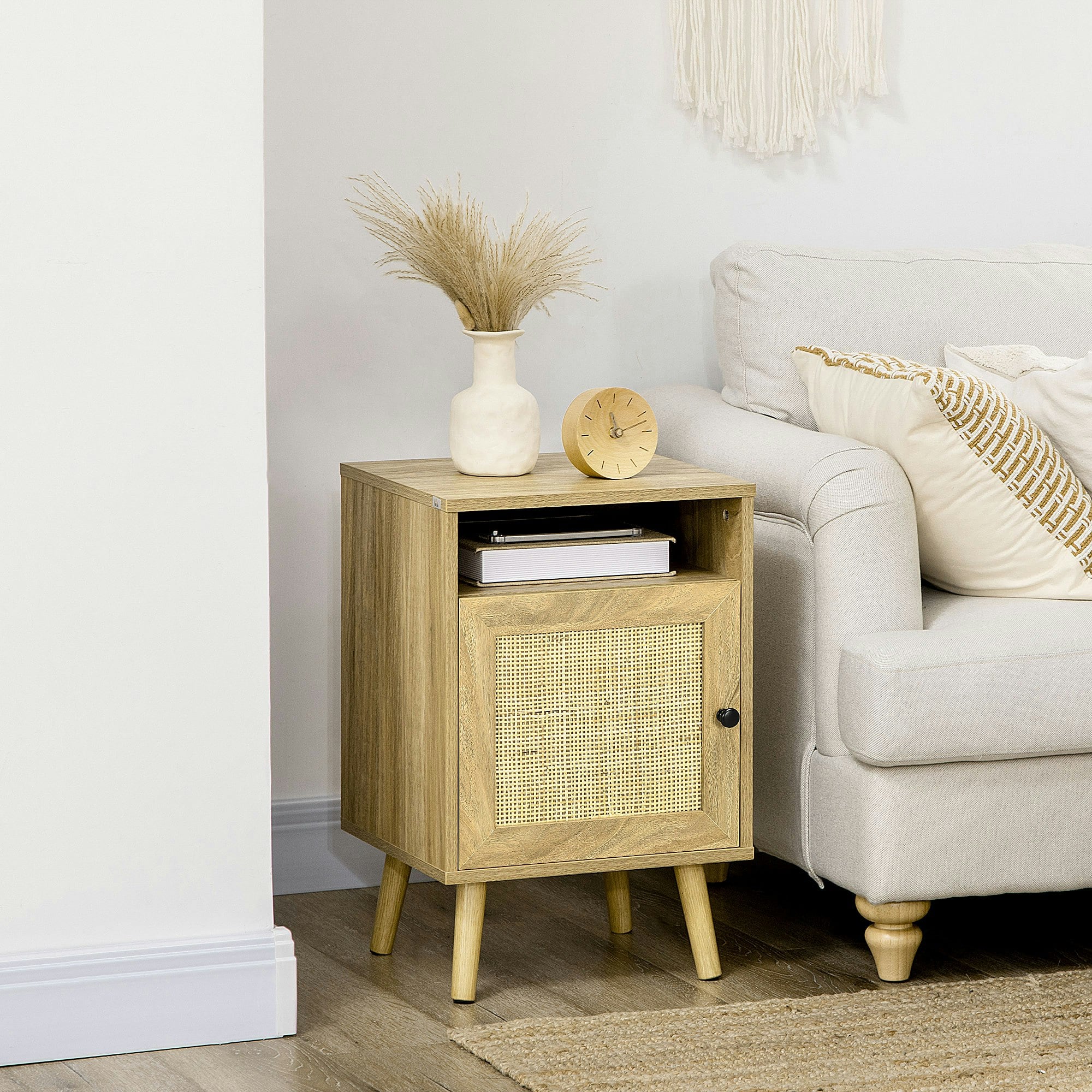 Rackhams Nightstand, Rattan Bedside Table W/ Cabinet, Shelf, Natural - Natural Wood Finish