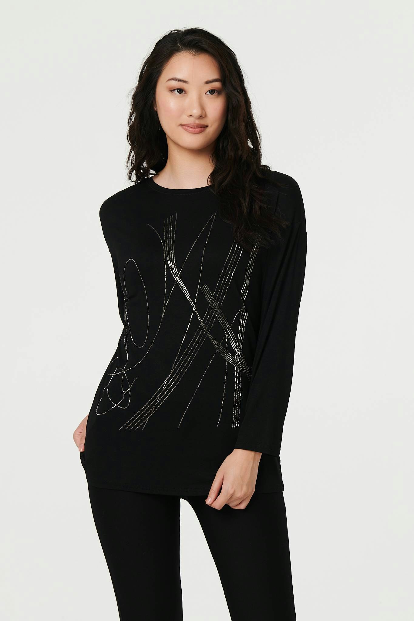 Izabel London Black Abstract Sparkly Long Sleeve Top - L