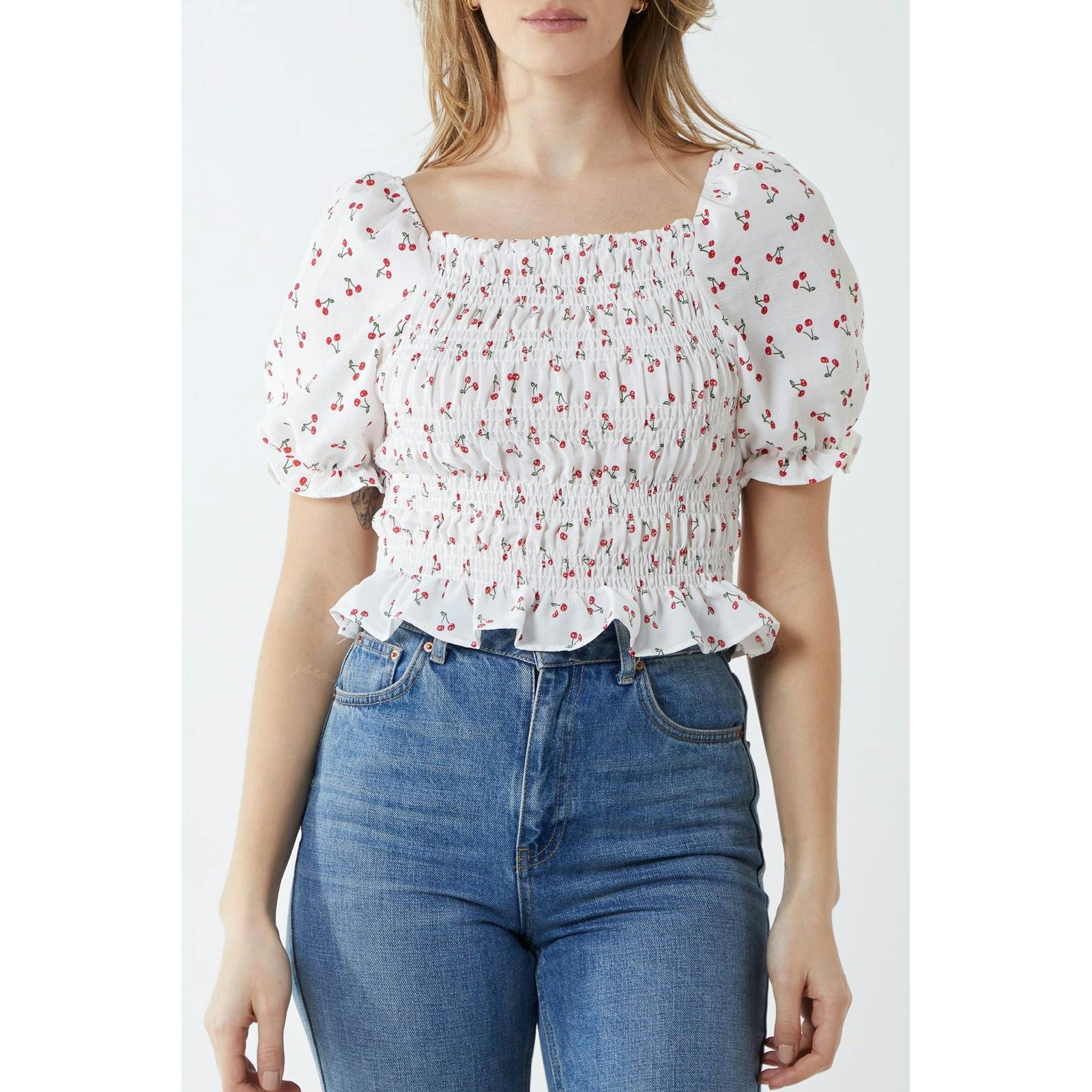 Pink Vanilla Women's Pink/White Vanilla Short Sleeve Ruched Cherry Top - L