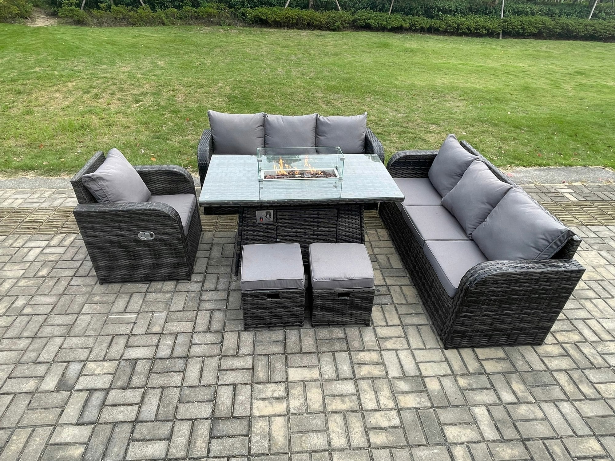 Fimous Dark/Grey 9 Seater Wicker Rattan Garden Furniture Set Gas Fire Pit Dining Table Reclining Chair 3 Seater Sofa Set Indoor Outdoor With 2 Small Footstools