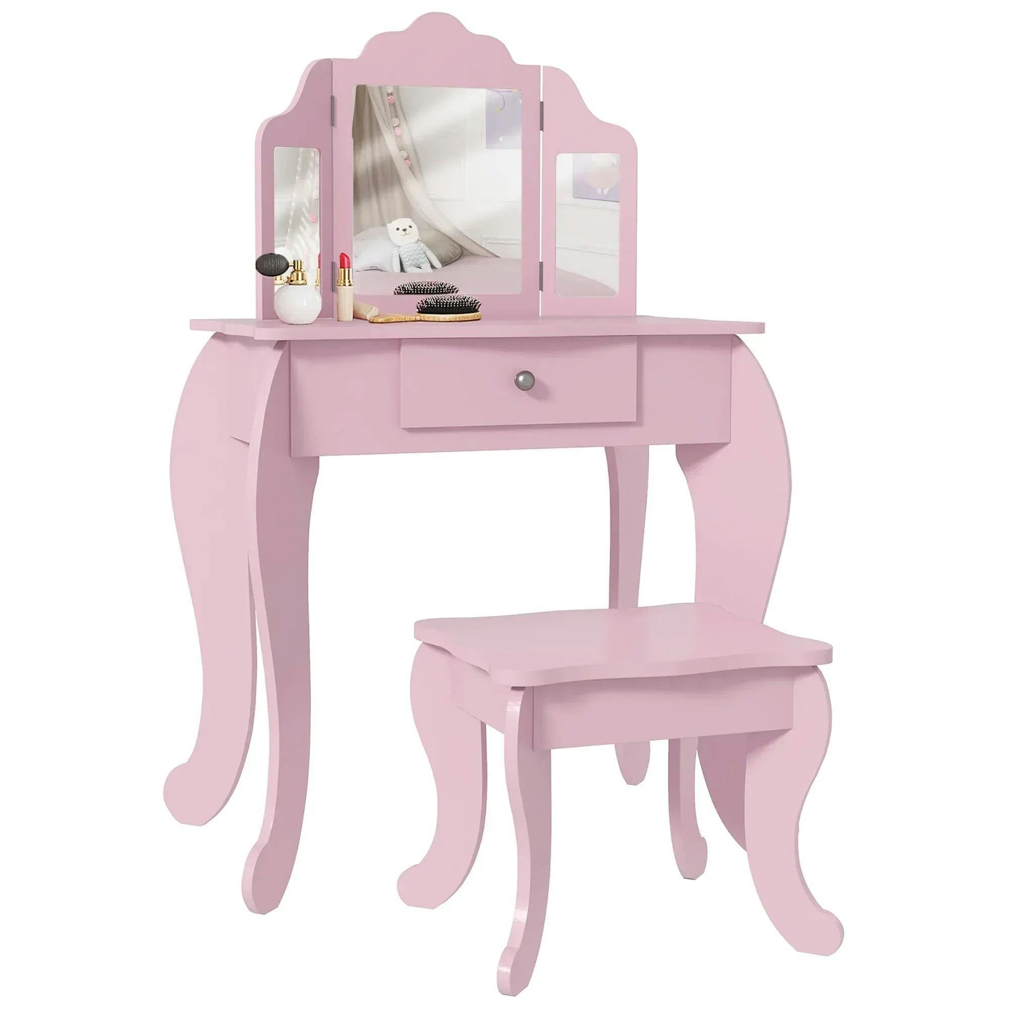 Kids Vanity Table and Chair Set with Tri-Folding Mirror and Stool Makeup Pink - Image 5