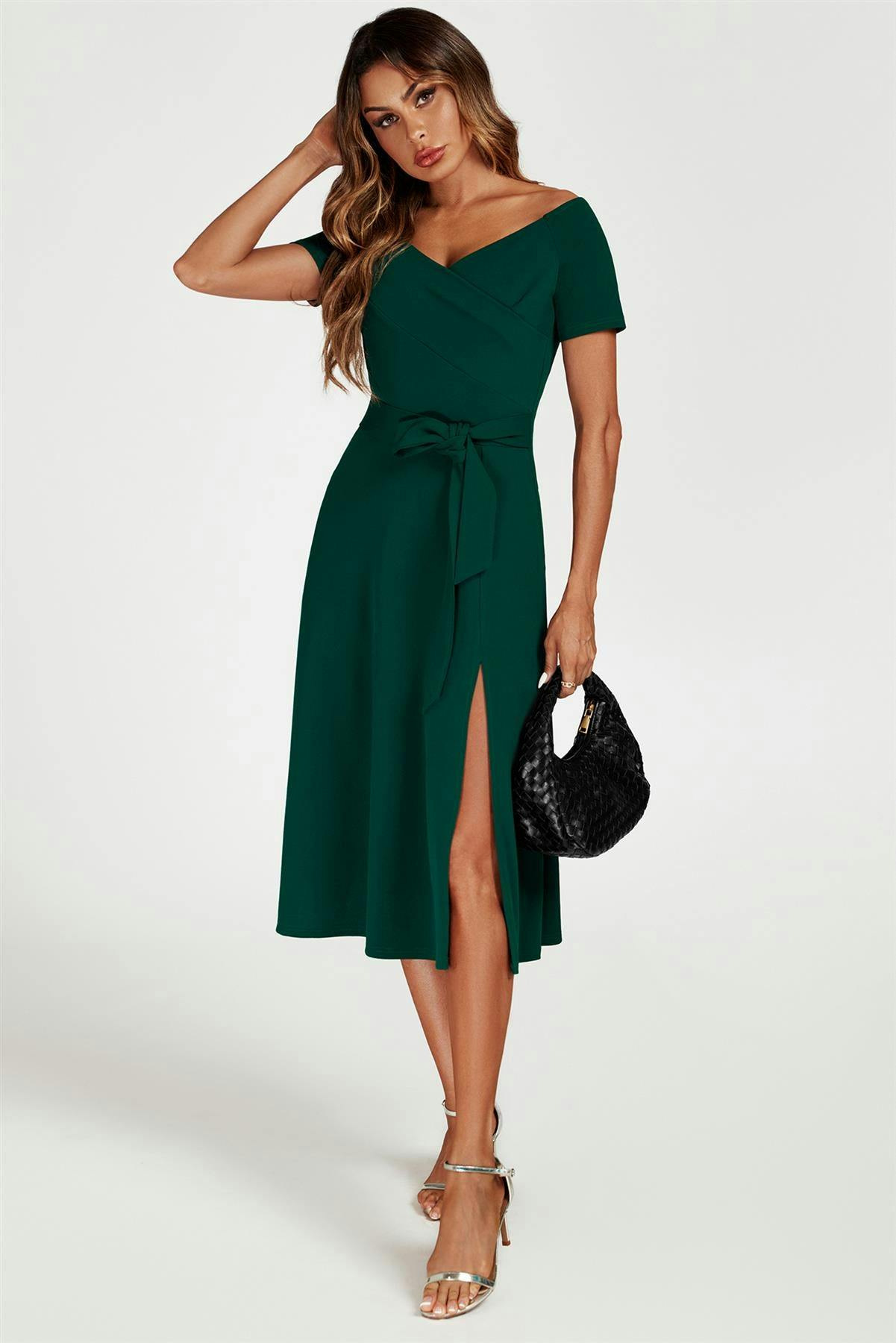 Fs Collection Green Bardot Midi Dress In - L