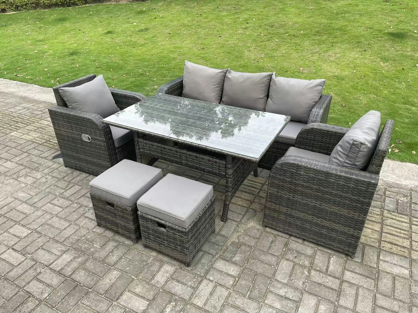 Rackhams Dark/Grey Pe Wicker Rattan Garden Furniture Set 3 Seater Lounge Sofa Reclining Chair Outdoor Rectangular Dining Table With 2 Stools 7 Seater