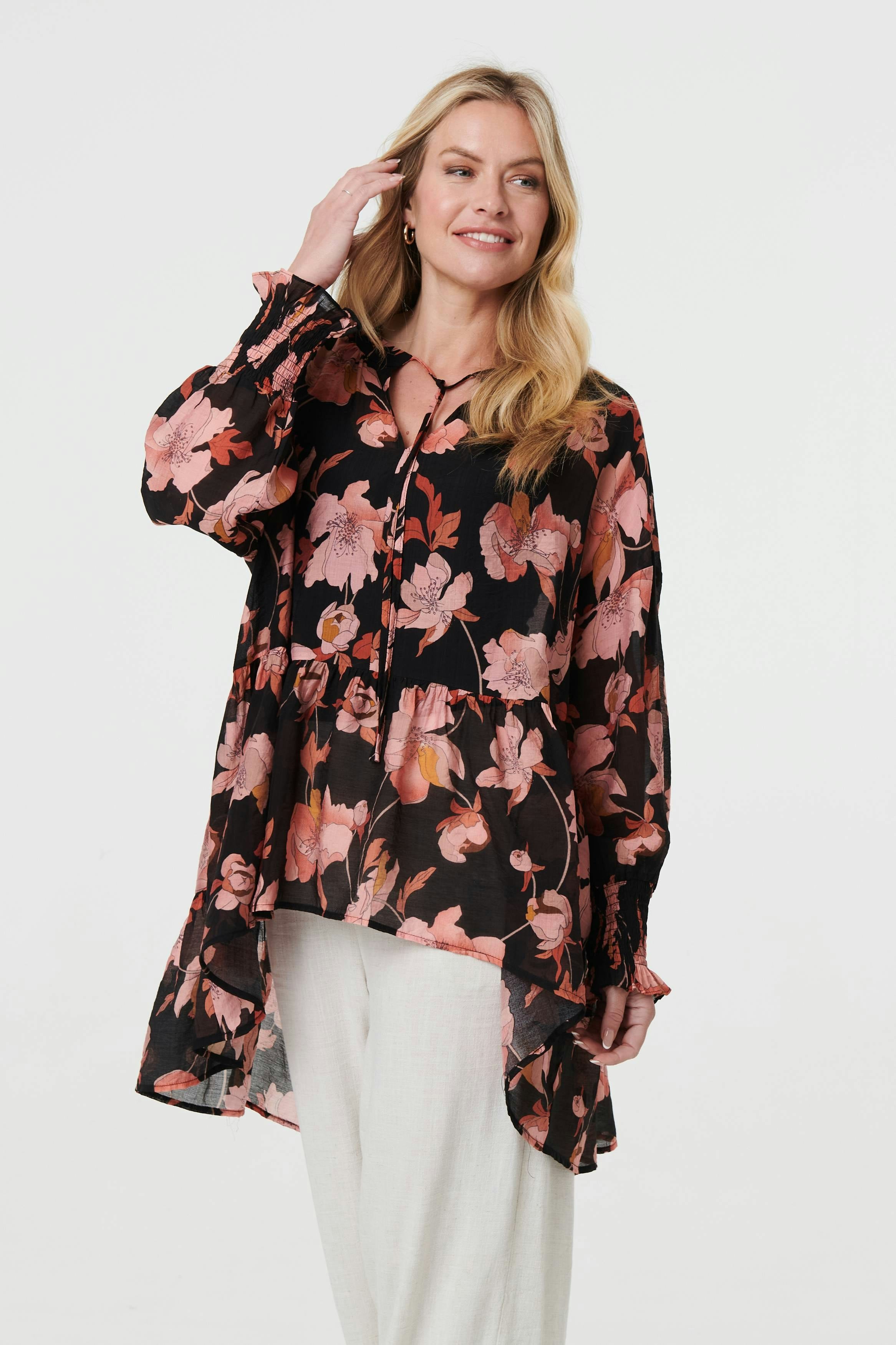 Izabel London Black Floral Long Sleeve Longline Tunic Blouse - S