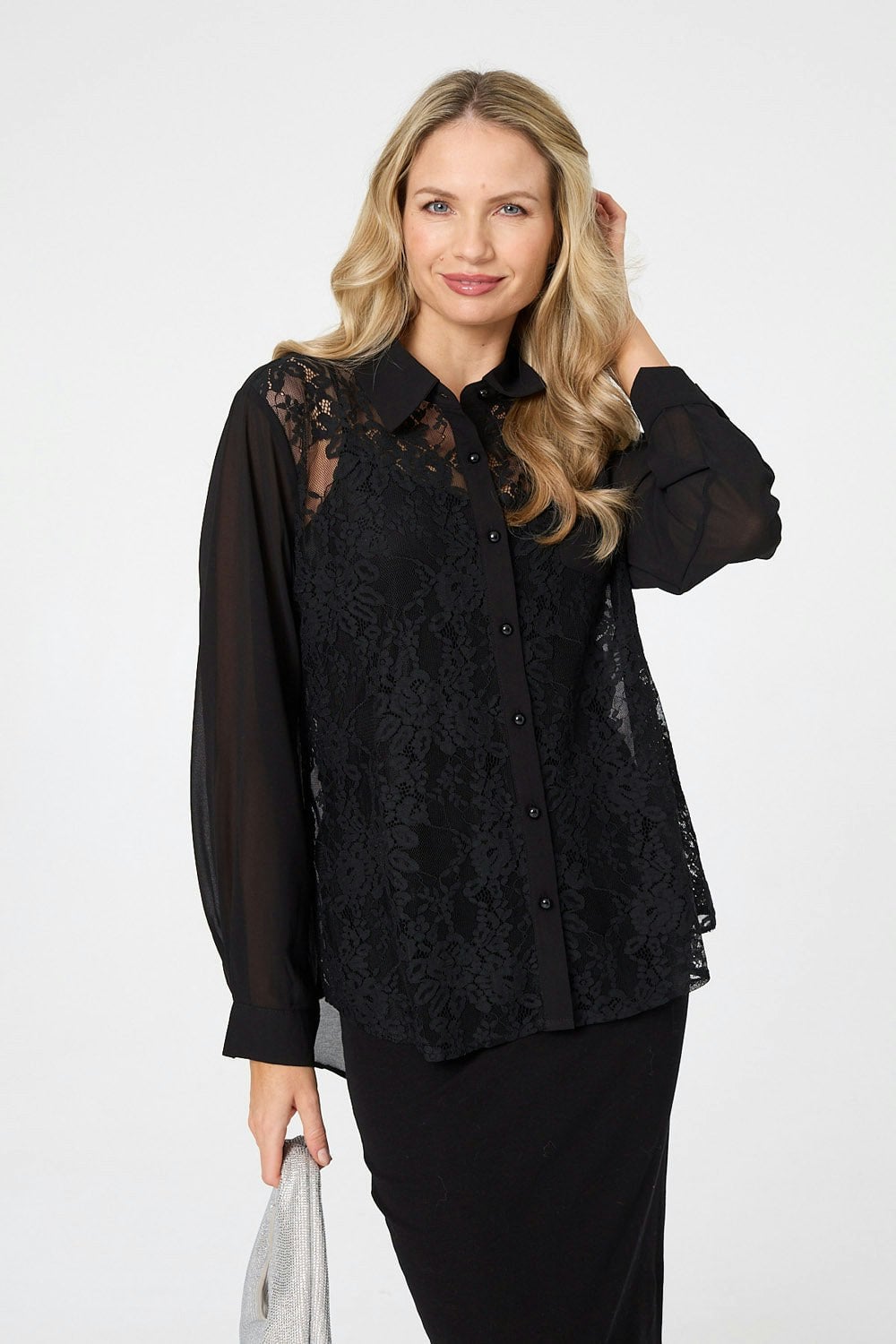 Izabel London Black Floral Lace Semi Sheer Long Sleeve Shirt - 12