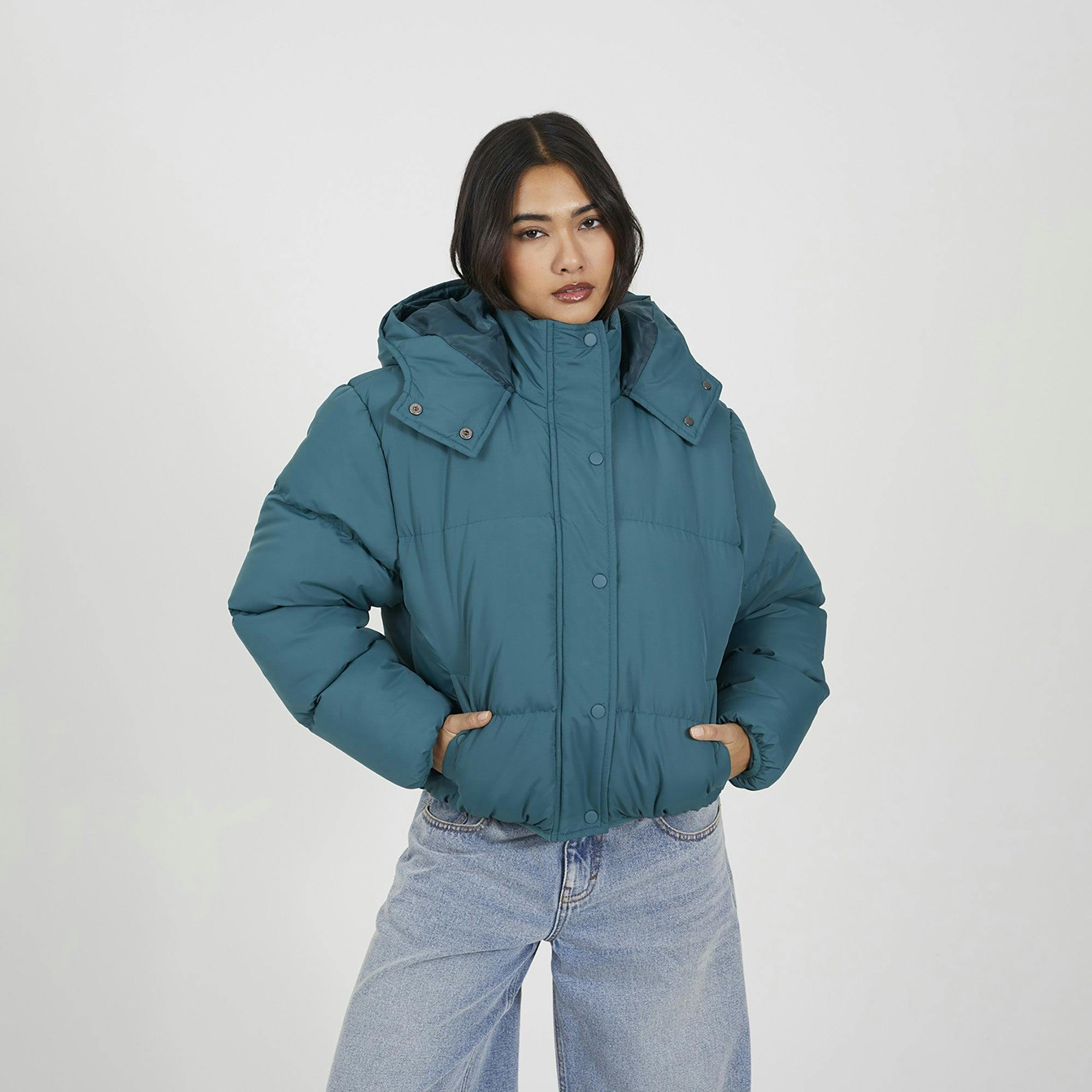 Brave Soul Oversized Hooded Short Puffer Jacket - Teal - Teal - 14