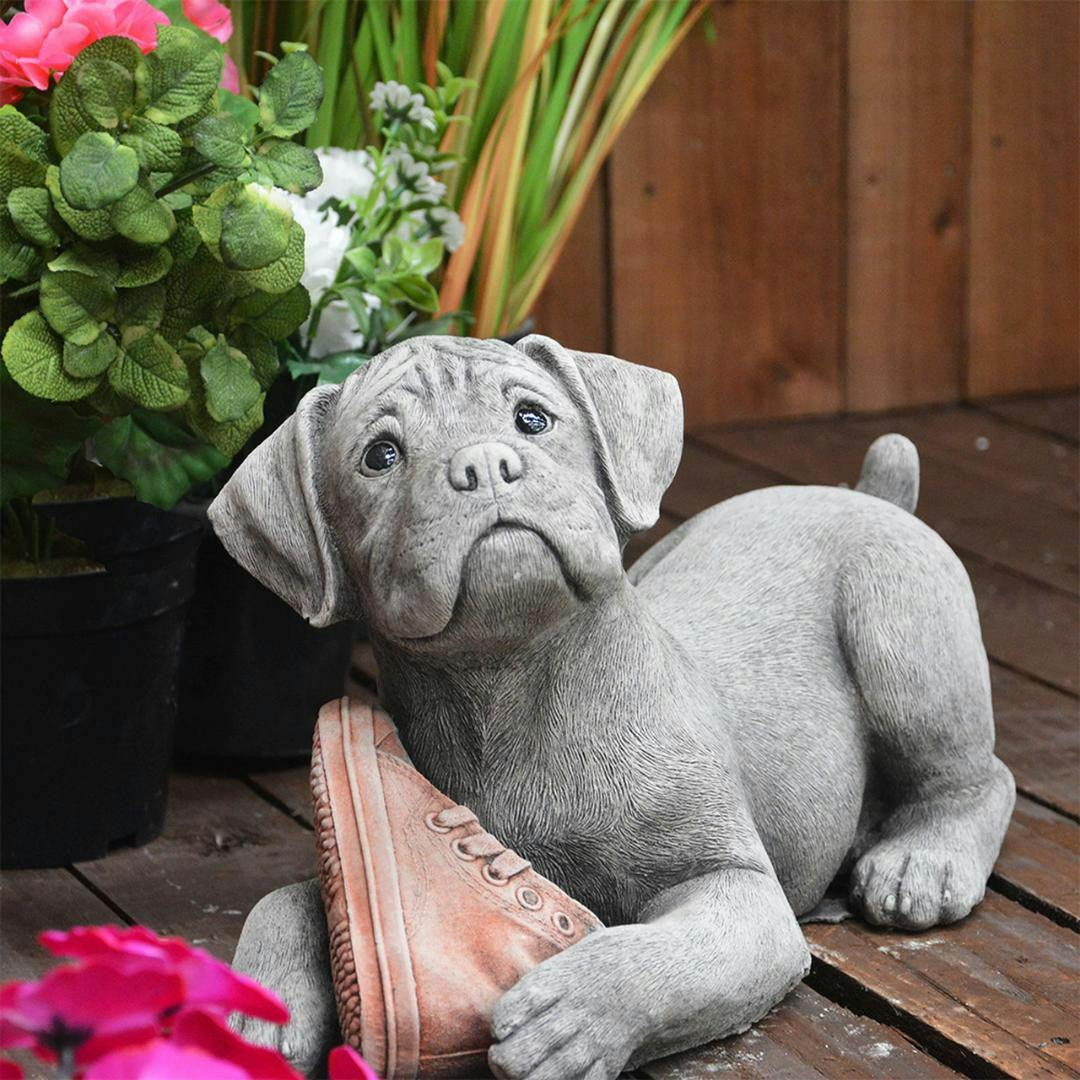 Osn Red/Brown Dog And Shoe Stone Garden Ornament