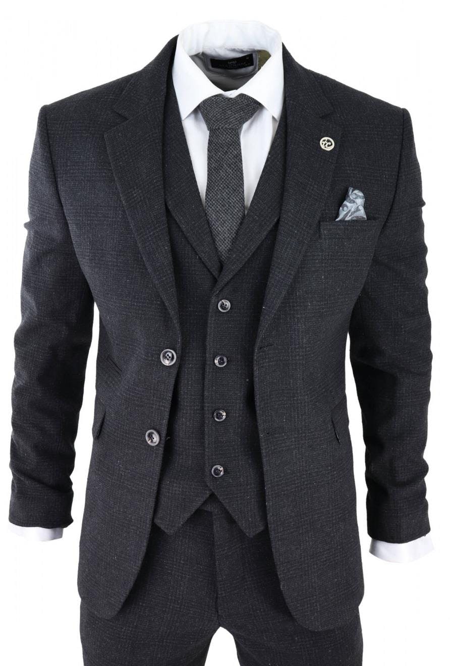 Truclothing Men's Black 3 Piece Tweed Suit Peaky Blinders 1920S Gatsby Classic Tailored Fit - 42" Jacket 36" Trousers