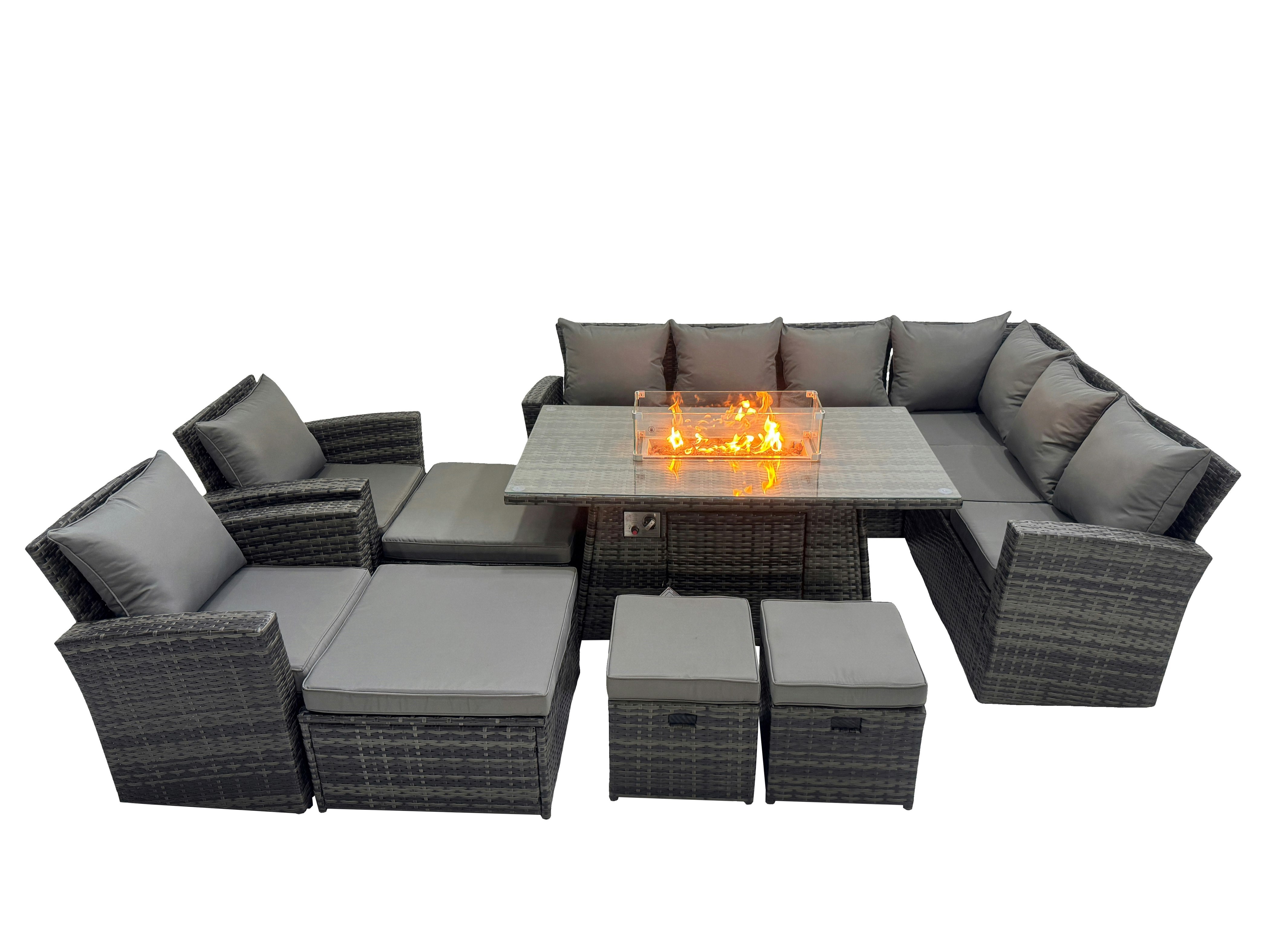 Rackhams Dark/Grey Outdoor Furniture Garden Dining Set Rattan Corner Sofa Chair Set Gas Fire Pit Table With Temper Glass 4 Footstools Mixed