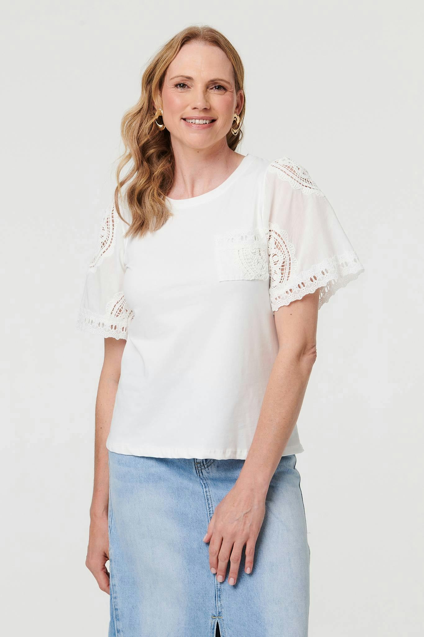 Izabel London White Lace Texture Short Sleeve T-Shirt - L
