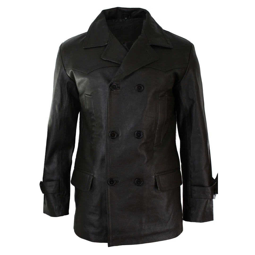 Infinity Leather Men's Brown Leather Company 3/4 Double Breasted Leather Dr Who Kreigsmarine Uboat Jacket - 4XL